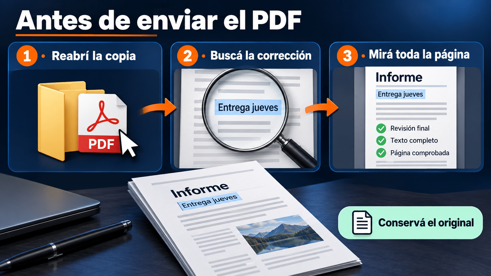 Lista visual para verificar contenido, diseño y archivo PDF guardado
