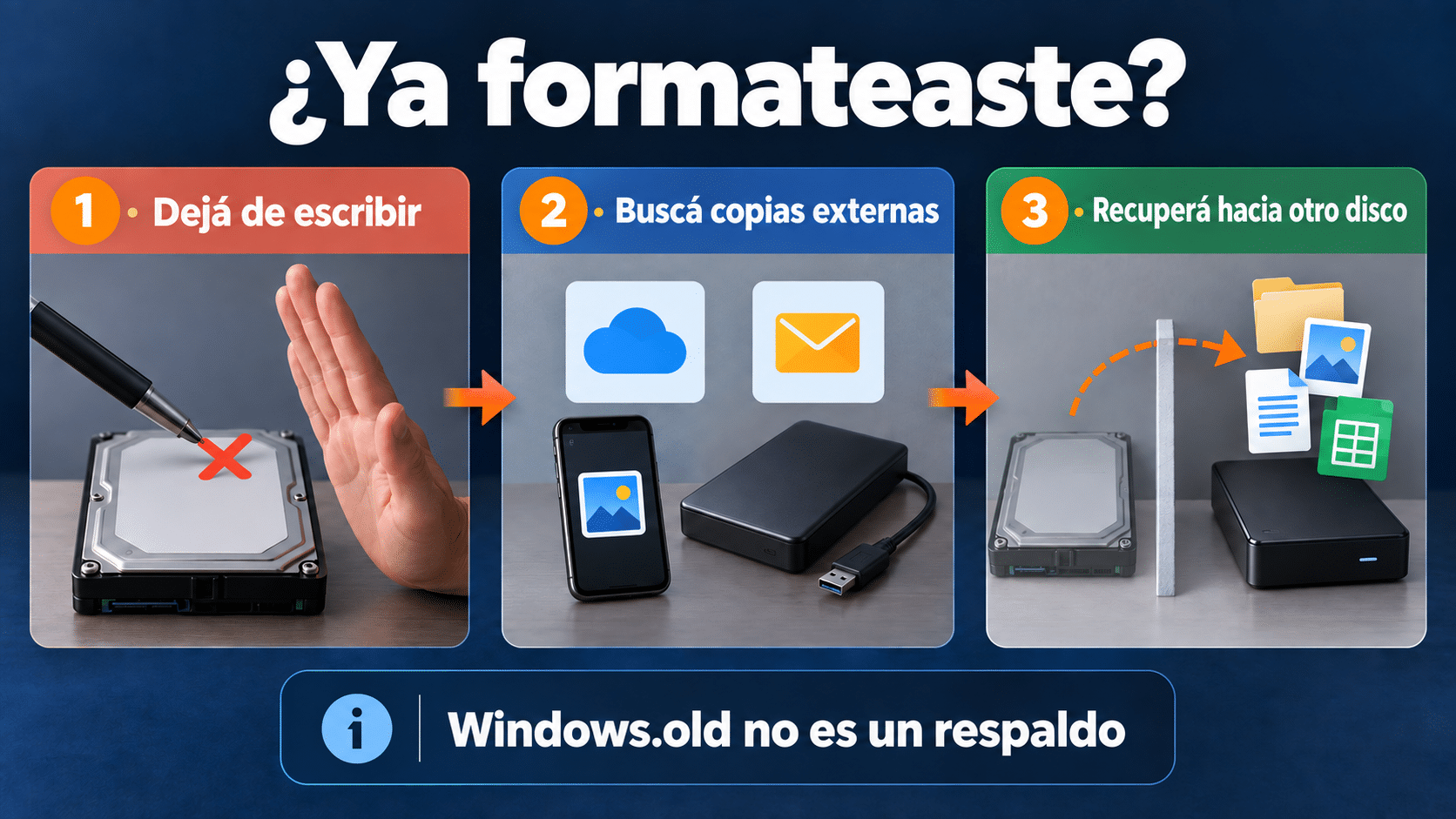 Prioridades después de formatear sin copia: detener el uso, buscar copias y recuperar hacia otro disco
