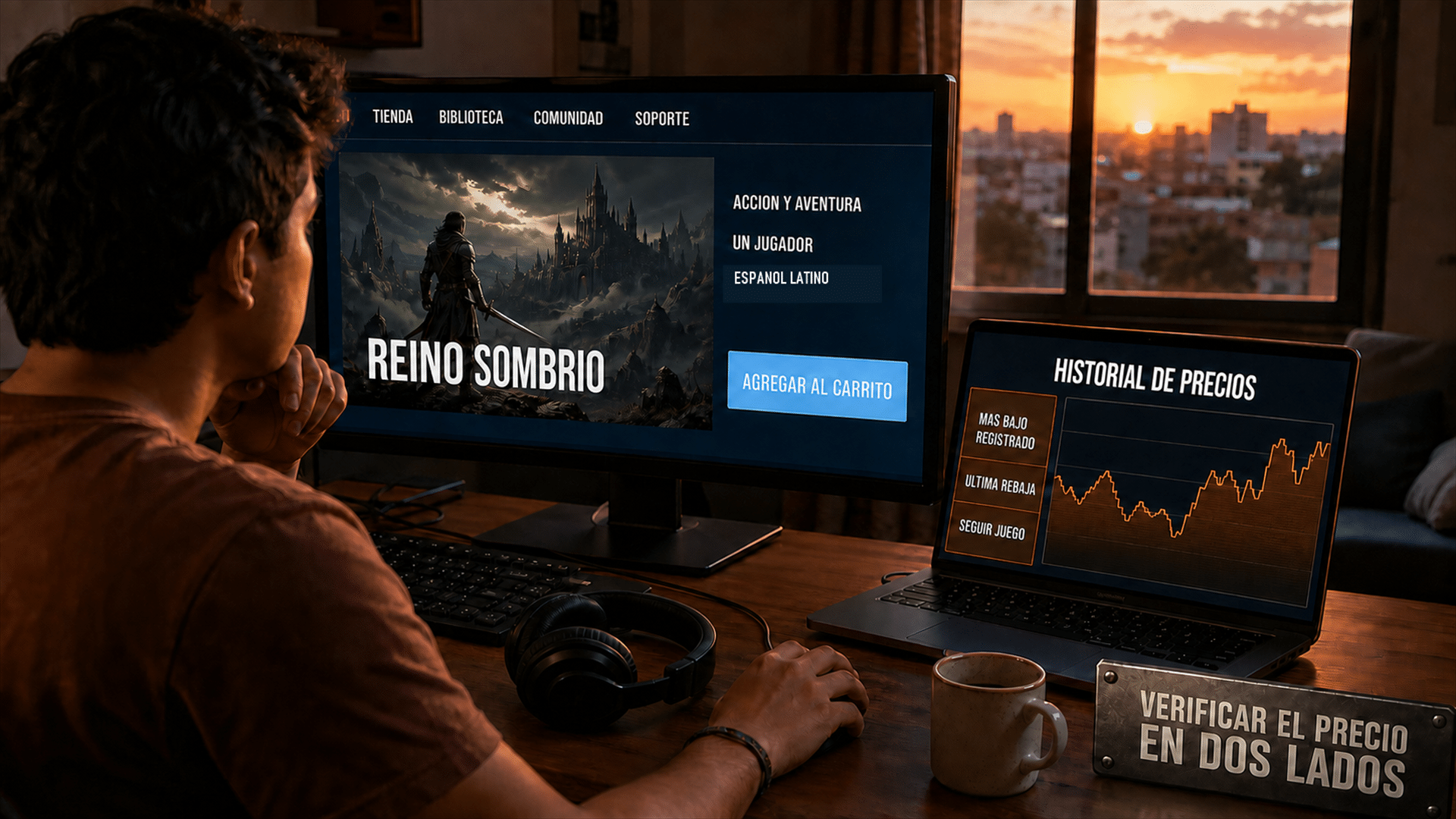 Jugador comparando el precio de un juego de PC en dos pantallas antes de completar la compra