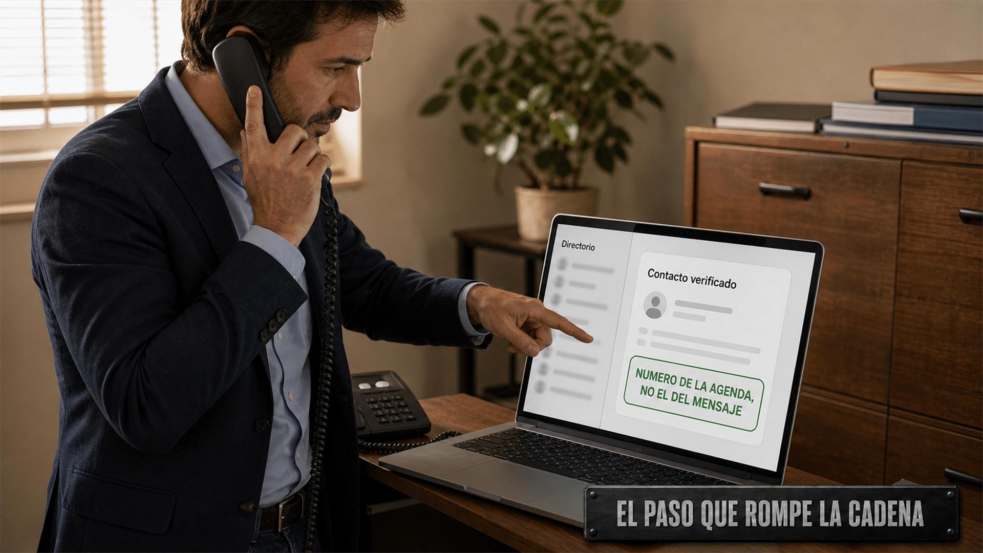 Persona verificando por teléfono una instrucción de pago usando un contacto conocido en lugar del que le pasaron por mensaje