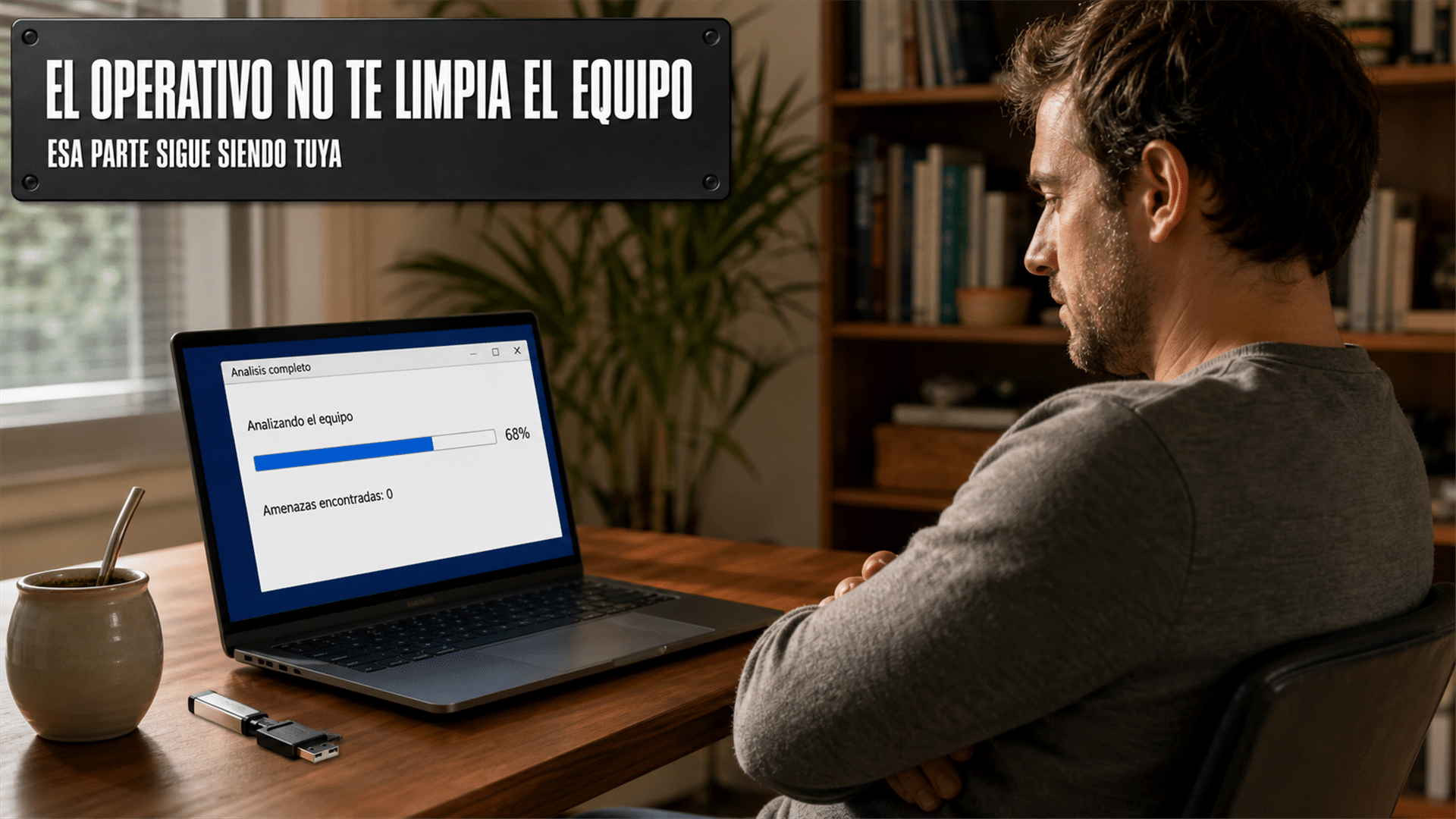 Persona revisando una notebook con un análisis antimalware en curso después del operativo contra el botnet