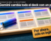 Ilustración de una caja de luz de madera sobre un fieltro azul petróleo, con seis tarjetas de presentación en dos filas. Un rodillo de pintura con los colores de Gemini ya pasó sobre cuatro de ellas y les dejó la misma franja azul-violeta; las dos últimas siguen con franjas naranja y verde, desparejas. En primer plano, una tarjeta colgante mostaza dice «Por ahora, solo en inglés». Arriba, en una franja grafito, el logo de Gemini, el texto «Google Slides · 30 de octubre» y el titular «Gemini cambia todo el deck con un pedido».