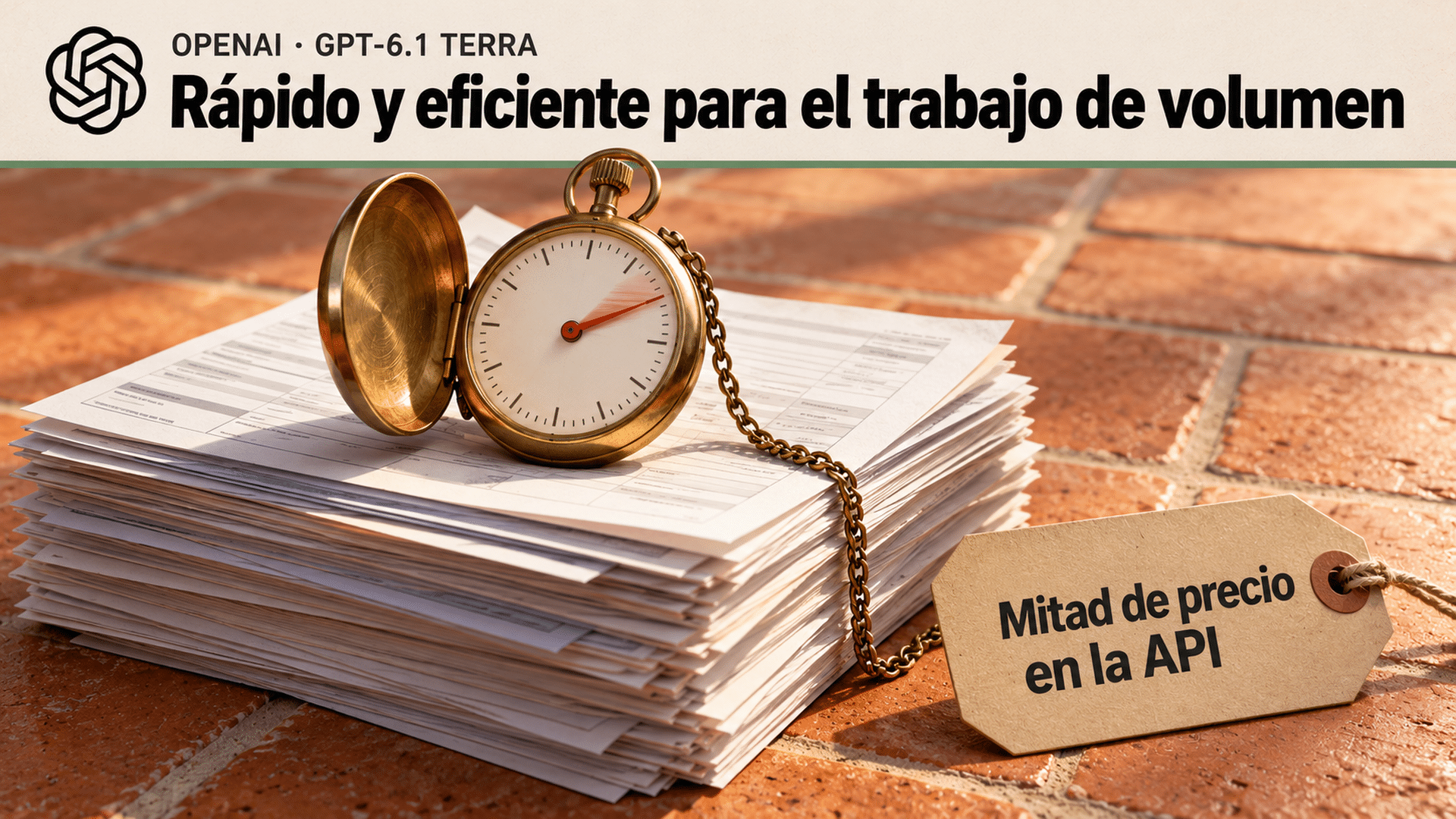 Ilustración con una metáfora visual: sobre baldosas de terracota, un cronómetro de bolsillo de latón abierto encima de una pila alta de facturas y formularios; adelante, una etiqueta de cartón con hilo que dice «Mitad de precio en la API». Arriba, en una franja clara, el logo de OpenAI, el texto «OpenAI · GPT-6.1 Terra» y el titular «Rápido y eficiente para el trabajo de volumen».