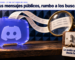 Ilustración de un globo de diálogo de acrílico azul violáceo con el símbolo de Discord grabado, del que salen tiras de papel hacia una lupa de bronce, frente a una pared de espuma acústica. Abajo a la derecha, una tecla de luz de pared con una tarjeta que dice «Lo podés apagar desde hoy». Arriba, en una franja clara, el logo de Discord, el texto «Discord · 27 de octubre de 2026» y el titular «Tus mensajes públicos, rumbo a los buscadores».