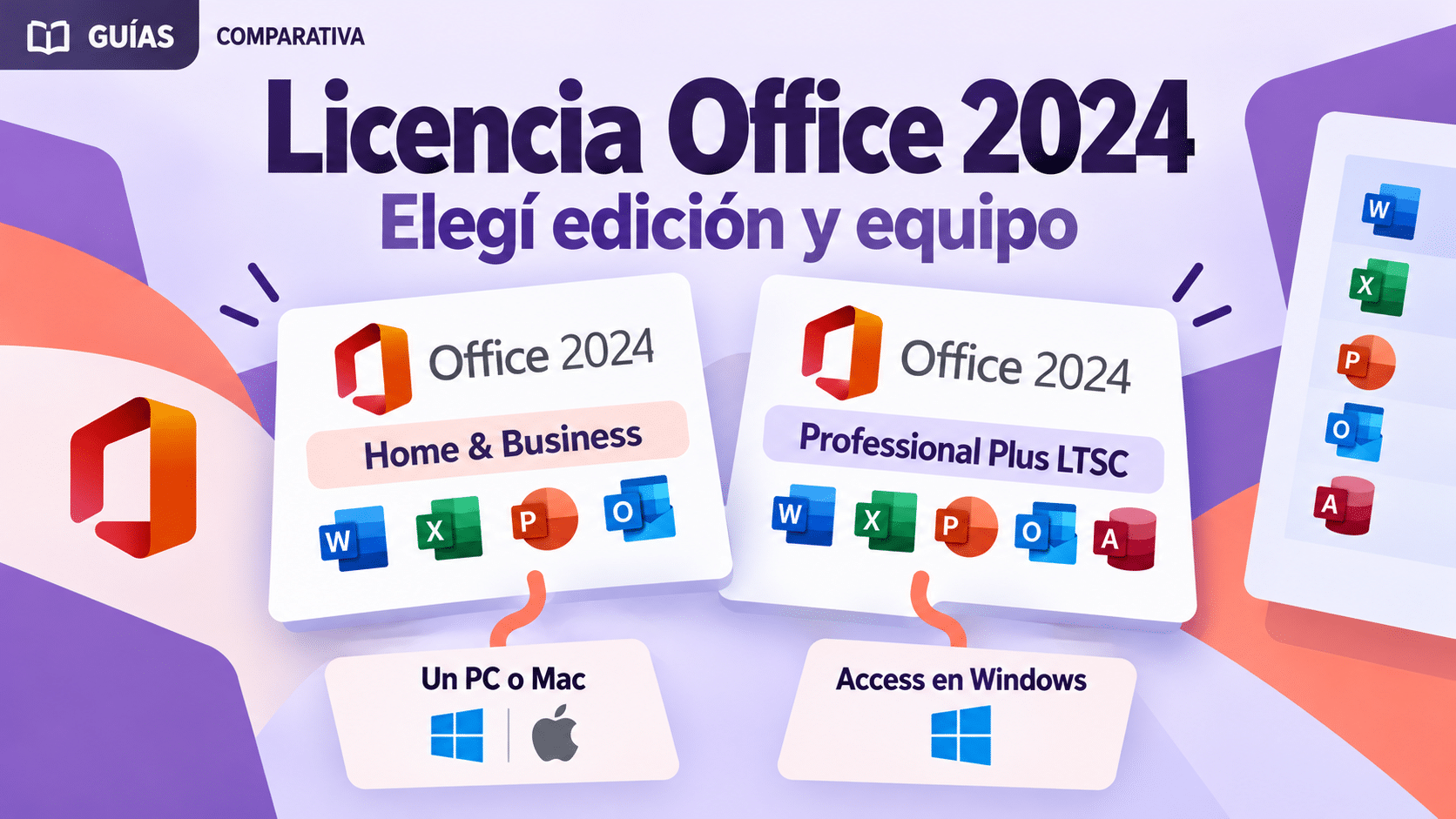 Licencia Office 2024: elegir edición y equipo para documentos, correo o Access