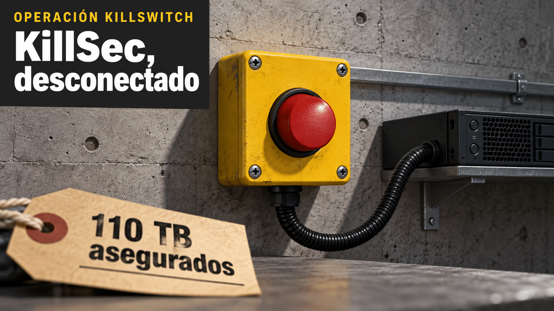 Ilustración: contra una pared de hormigón visto, una caja amarilla de fundición con un pulsador rojo de parada de emergencia, conectada por un cable negro a una unidad de servidor apagada sobre una ménsula. Abajo a la izquierda, una etiqueta de cartulina dice «110 TB asegurados». Arriba a la izquierda, un recuadro gris oscuro dice «Operación KillSwitch» y «KillSec, desconectado».