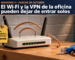 Ilustración: un punto de acceso Wi-Fi sin marca cuyas ondas son arcos de cobre, con el arco exterior caído, y una etiqueta que dice «Inicio automático con NTLMv1: bloqueado». Arriba, el logo de Microsoft, «Windows 11 · Parche de octubre» y el titular «El Wi-Fi y la VPN de la oficina pueden dejar de entrar solos».