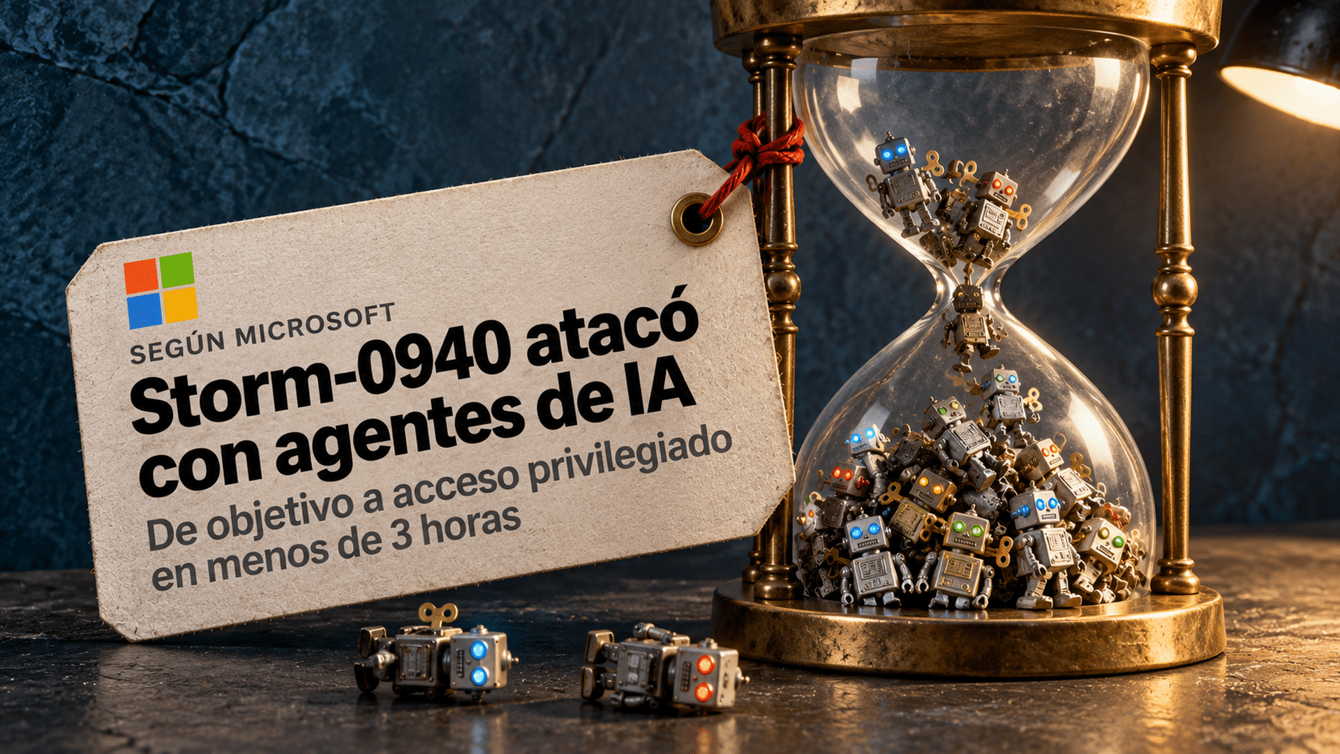 Ilustración: un reloj de arena de vidrio y bronce sobre una mesa de pizarra en el que, en lugar de arena, caen decenas de robots de hojalata a cuerda; dos robots caídos quedan sobre la mesa. Atada con hilo rojo, una etiqueta de cartón con el logo de Microsoft dice «Según Microsoft», «Storm-0940 atacó con agentes de IA» y «De objetivo a acceso privilegiado en menos de 3 horas».