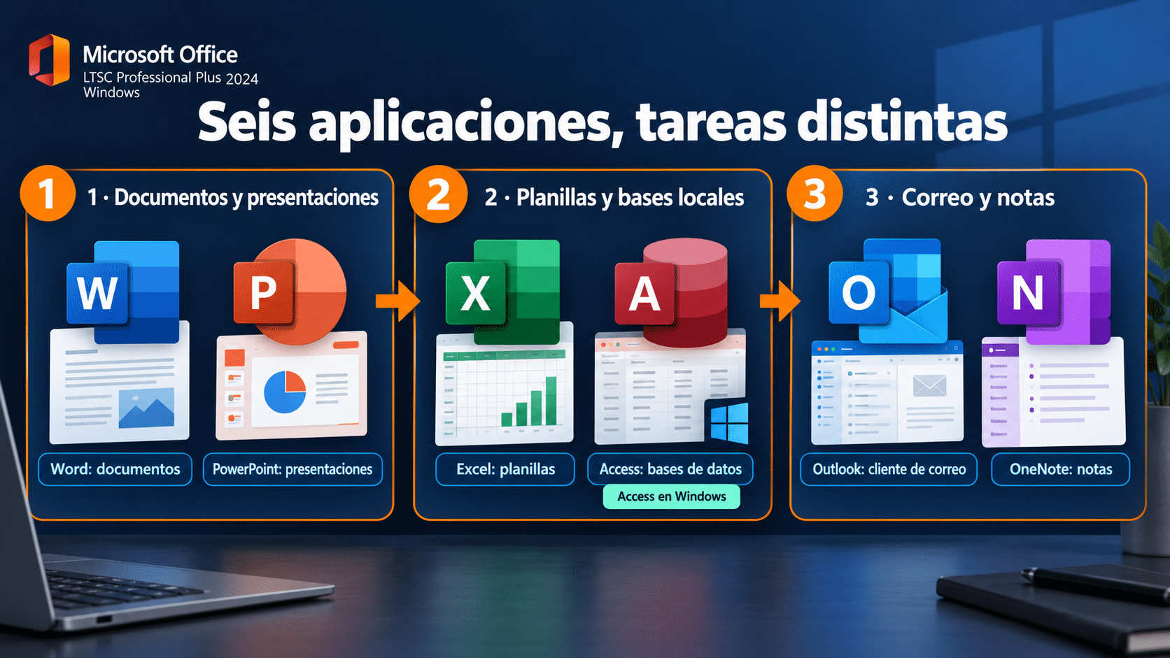 Seis aplicaciones de Office Professional Plus 2024 y sus usos