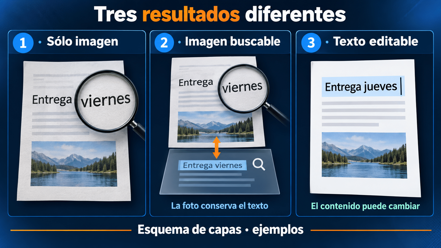 Diferencia entre PDF de imagen, PDF buscable y documento editable después de OCR