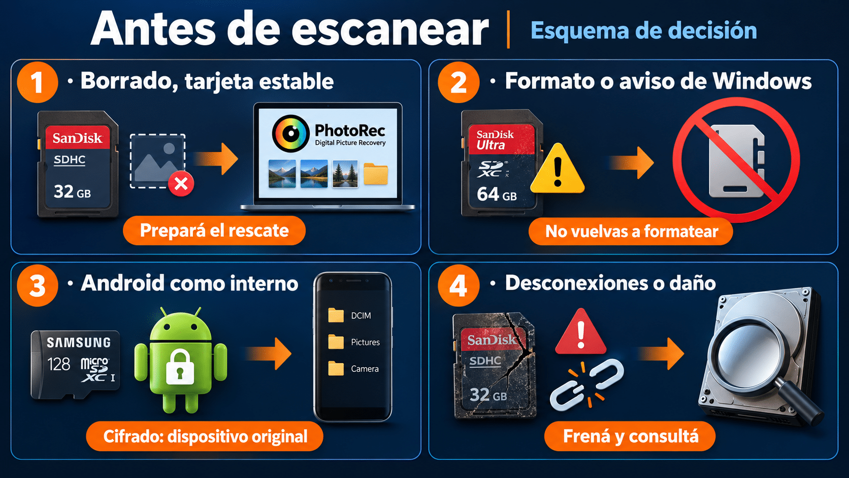 Diagnóstico de memoria SD: borrado estable, formato, cifrado Android o falla física