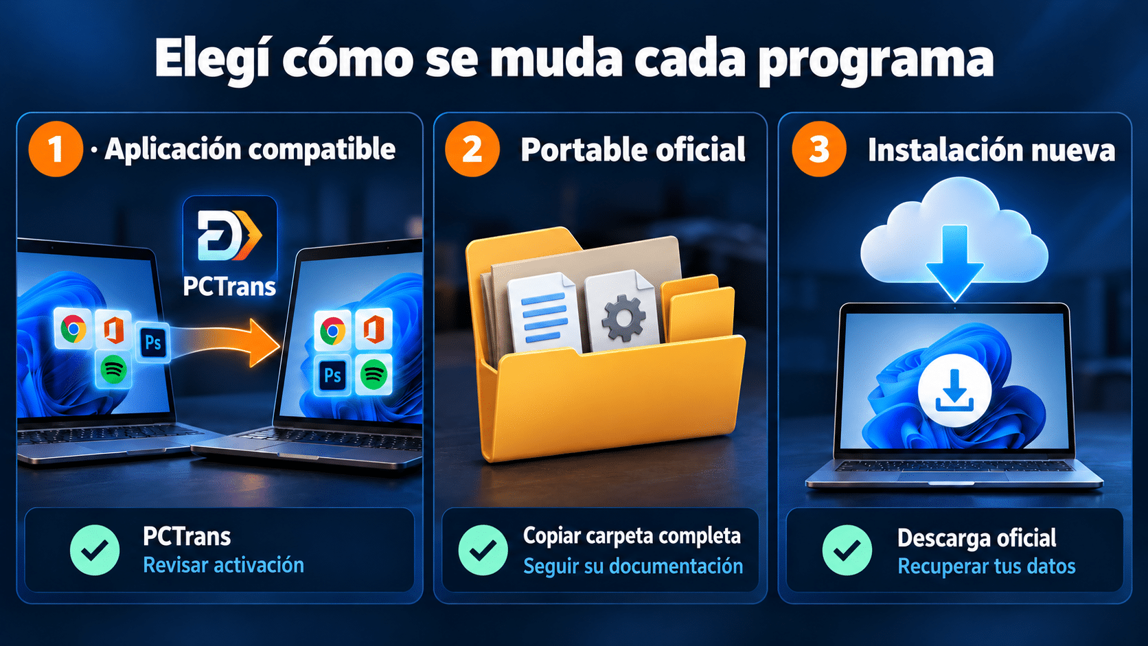 Elegir entre migrar aplicaciones, copiar portables o reinstalar