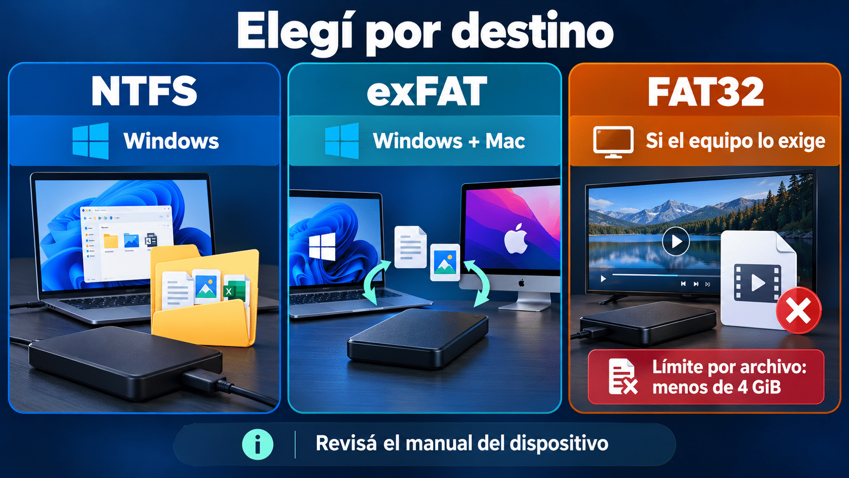 NTFS para Windows, exFAT para intercambio y FAT32 para equipos que lo requieren