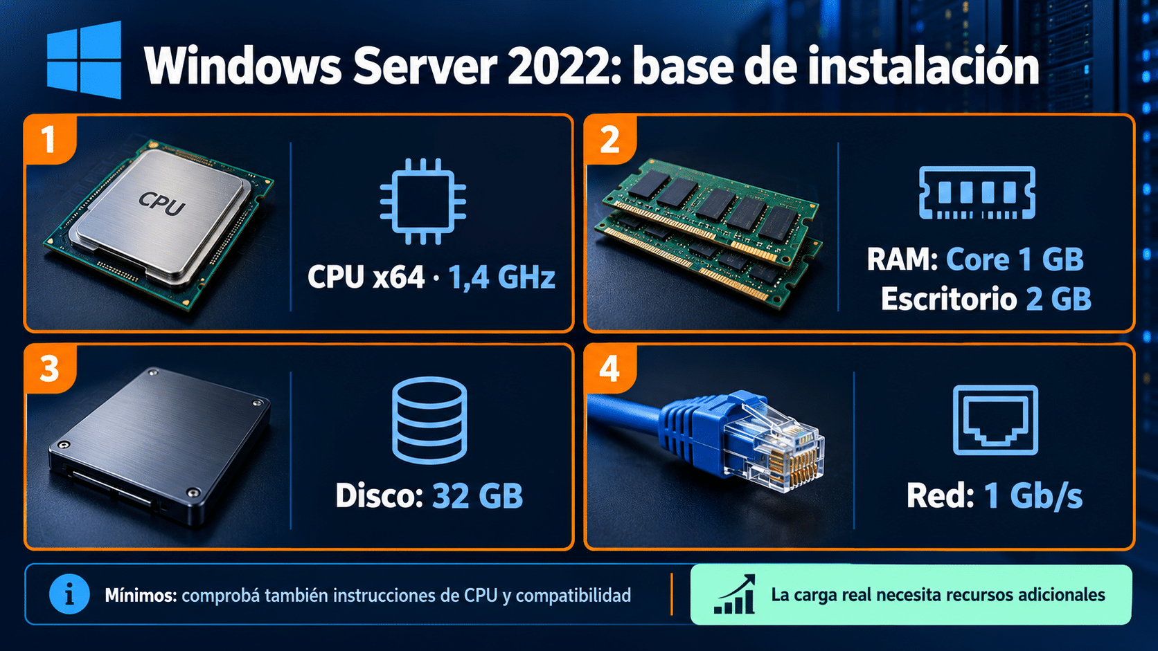 Base de CPU, memoria, disco y red para Windows Server 2022