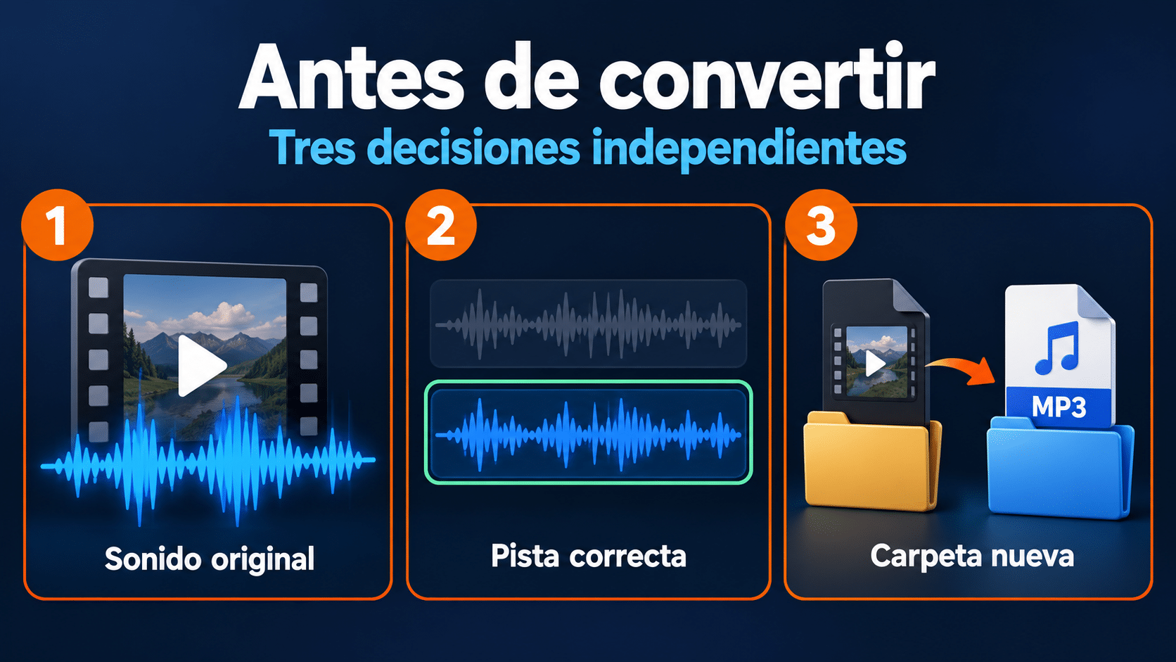 Revisar sonido original, pista correcta y carpeta nueva antes de convertir
