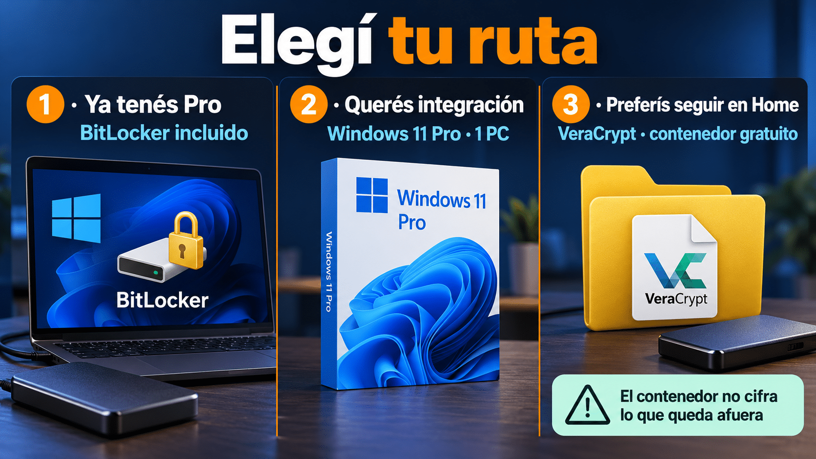 Tres rutas: BitLocker existente, Windows 11 Pro de una PC o contenedor VeraCrypt gratuito