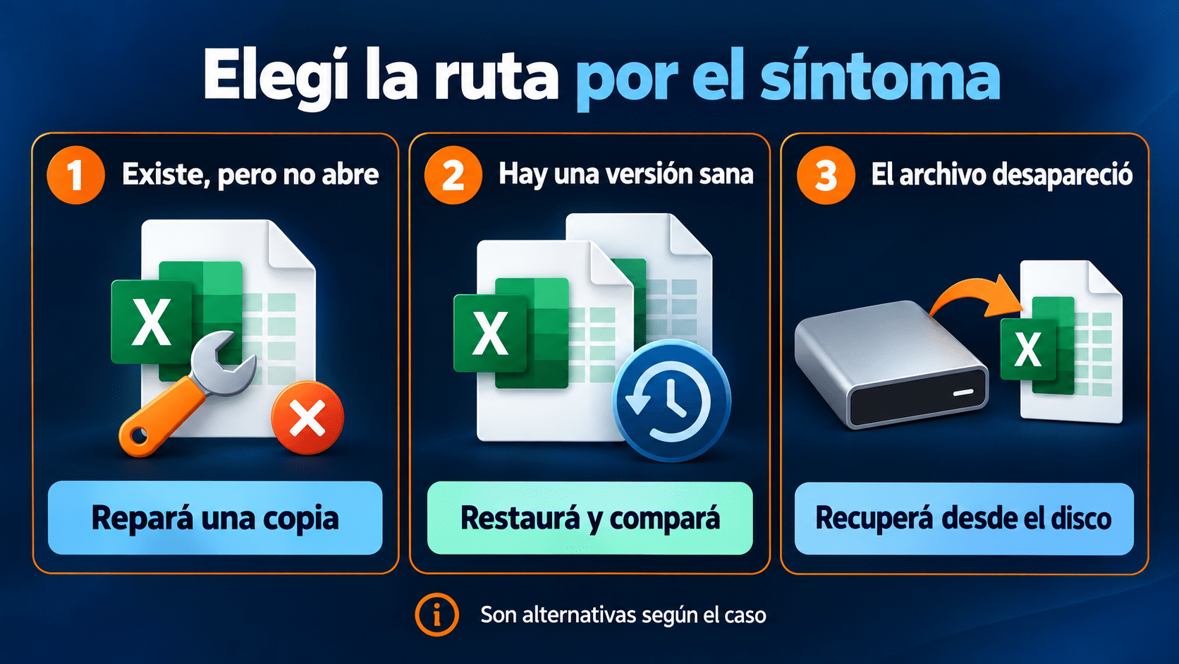 Tres rutas para un Excel dañado: reparar, restaurar una versión o recuperar el archivo