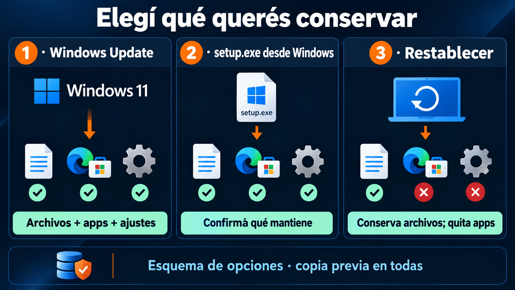 Comparación de las rutas para reinstalar Windows 11