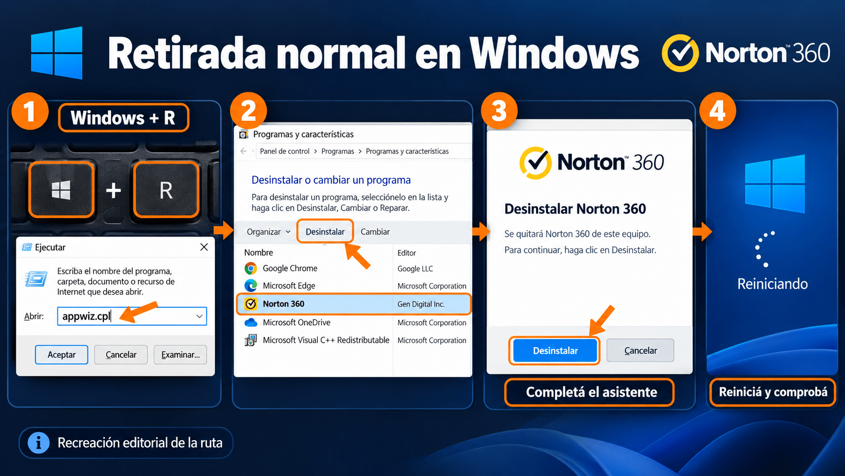 Ruta Windows más R, appwiz.cpl y desinstalación de Norton 360