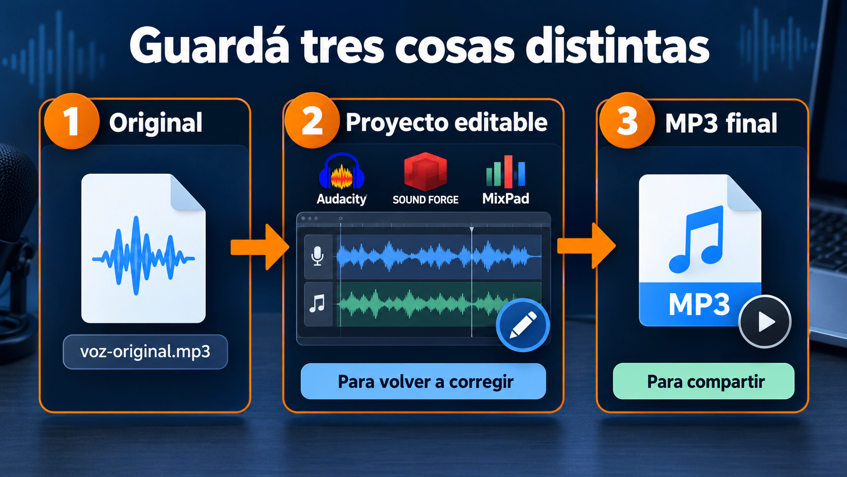 Conservar original, proyecto editable y MP3 de entrega por separado
