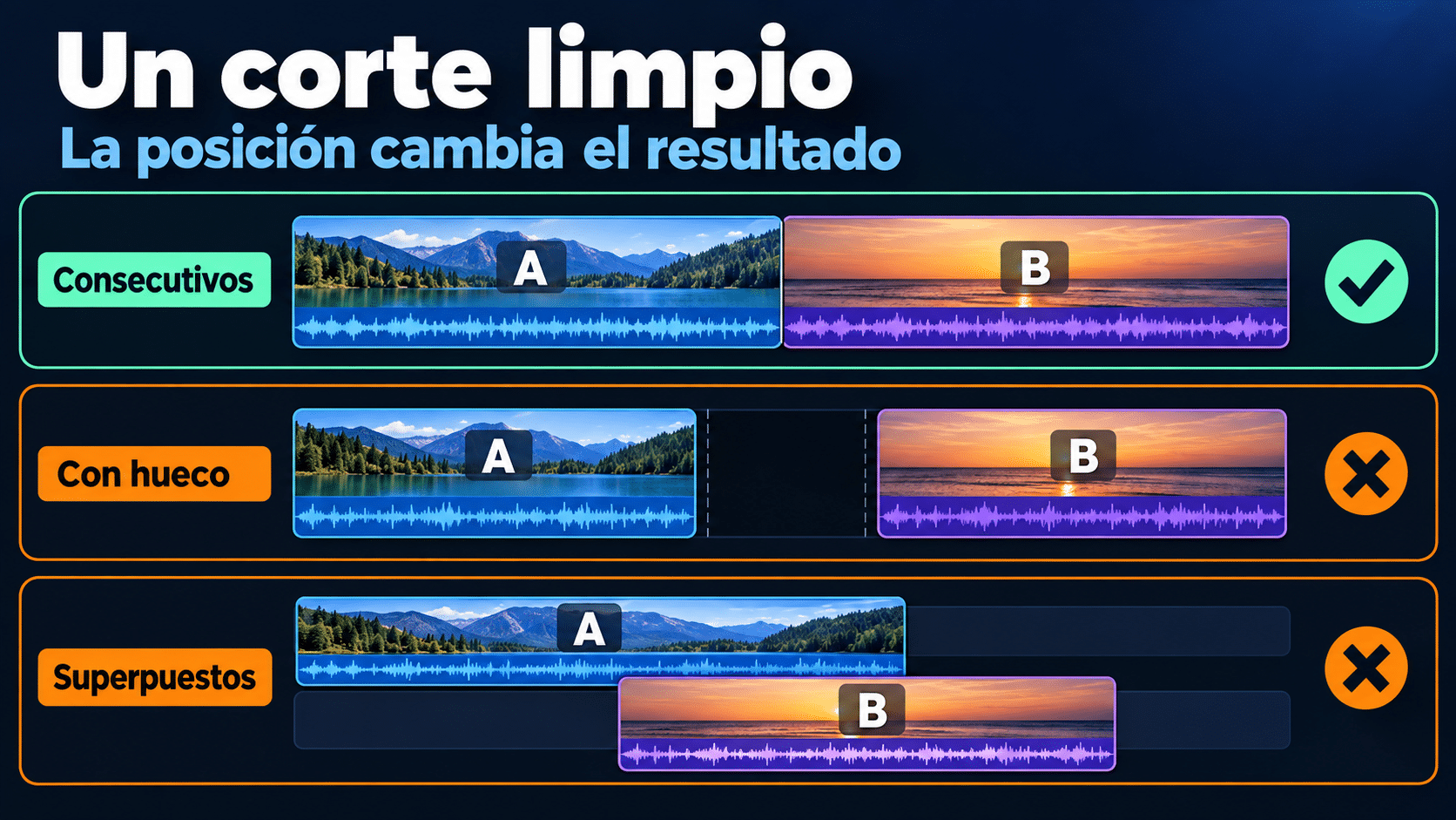 Clips consecutivos en una pista: sin huecos, sin solapamientos accidentales.