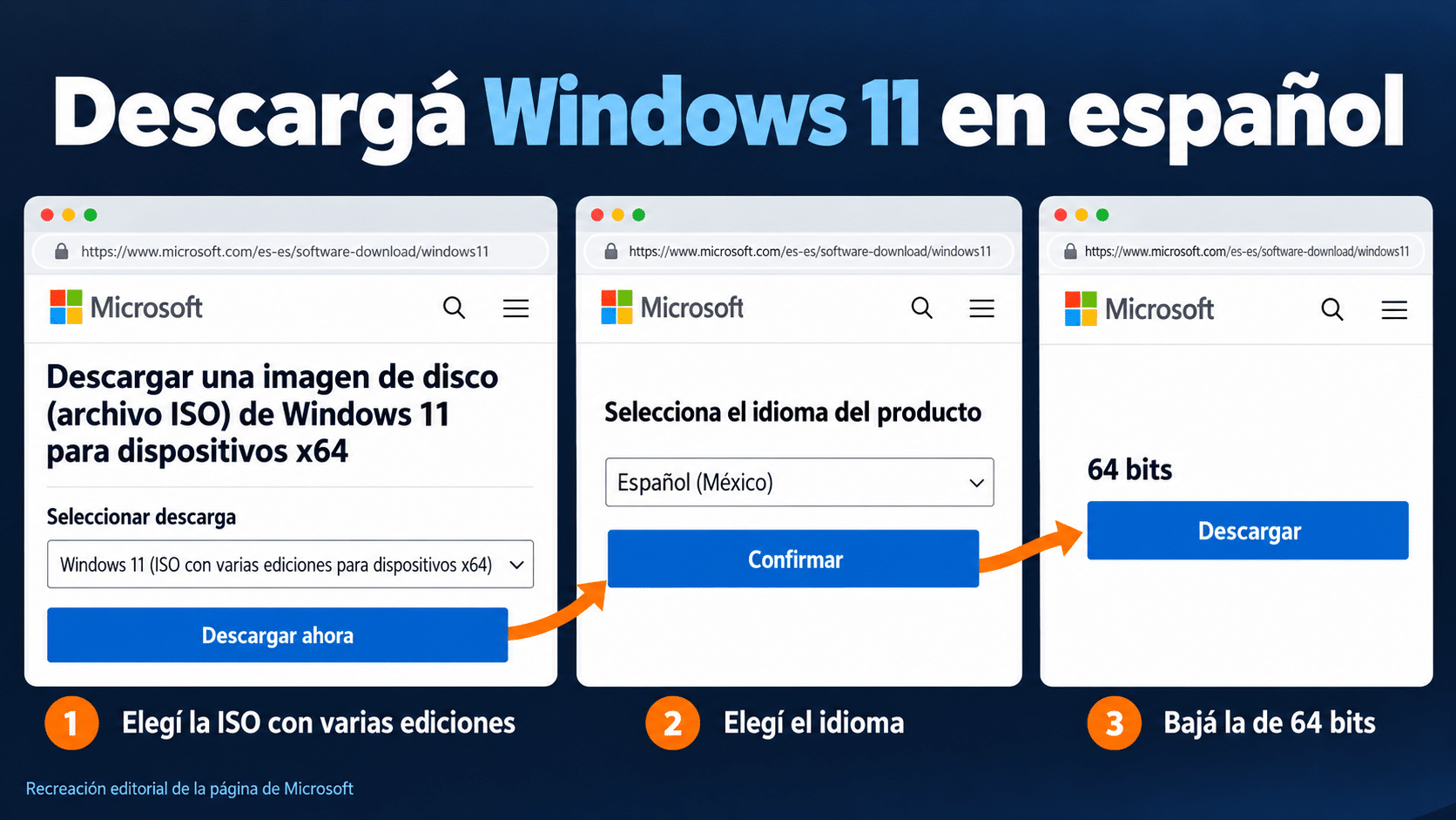 Página oficial de Microsoft para descargar la imagen ISO de Windows 11 en español: ISO con varias ediciones, idioma Español (México), Confirmar y descarga de 64 bits
