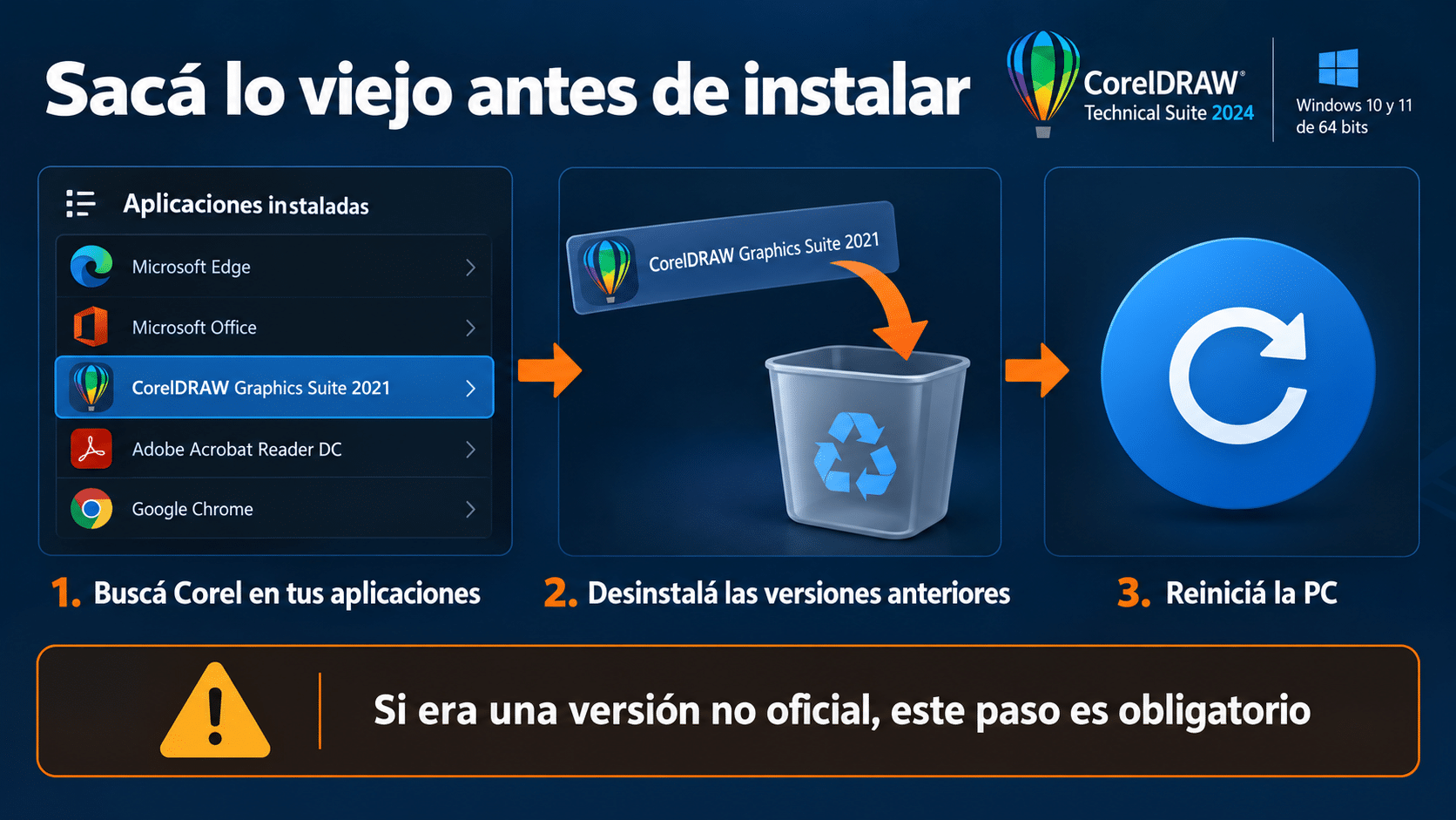 Desinstalar versiones anteriores de Corel desde Configuración de Windows antes de instalar la Technical Suite 2024