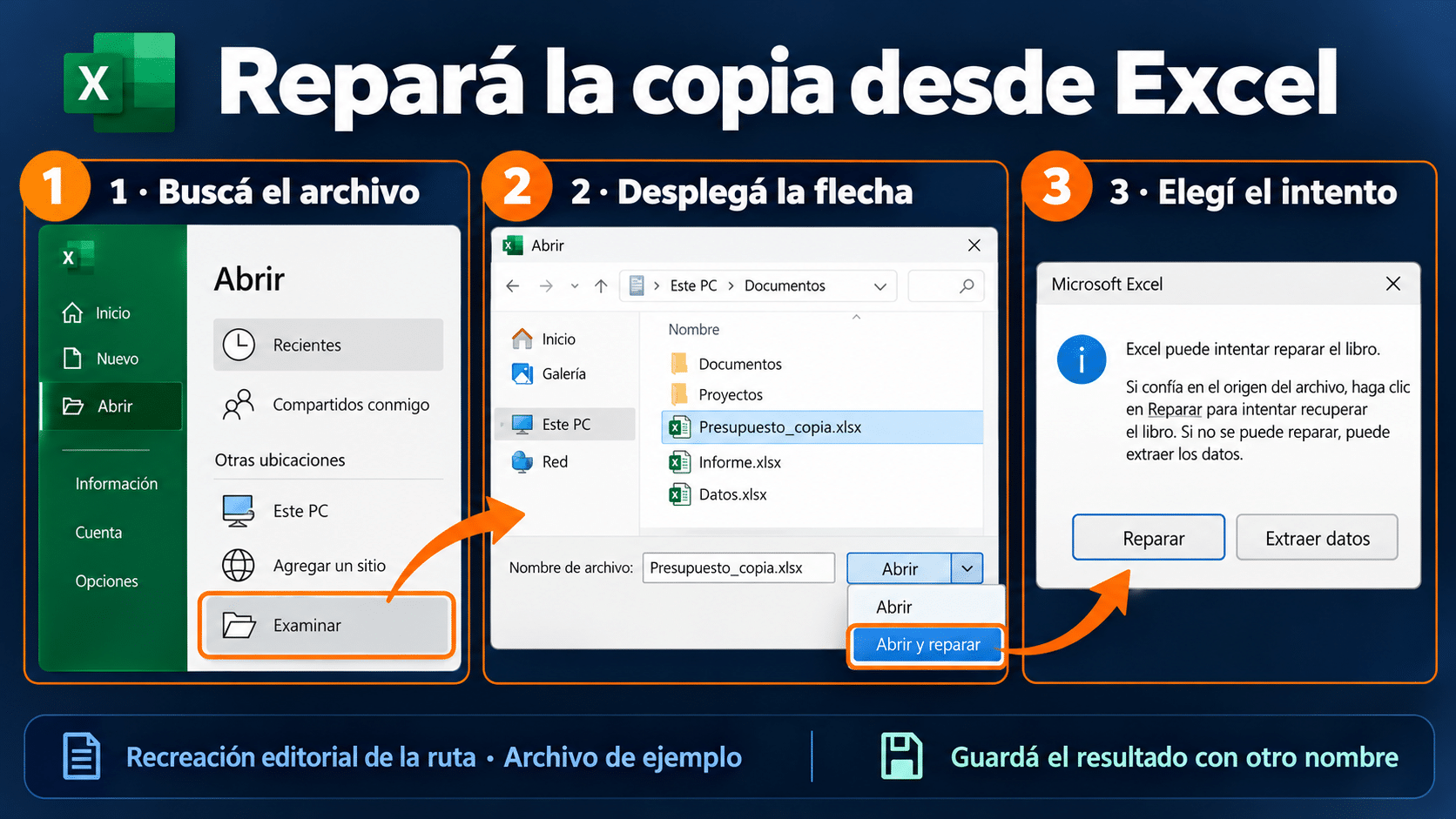 Ruta de Excel en Windows para abrir una copia con Abrir y reparar