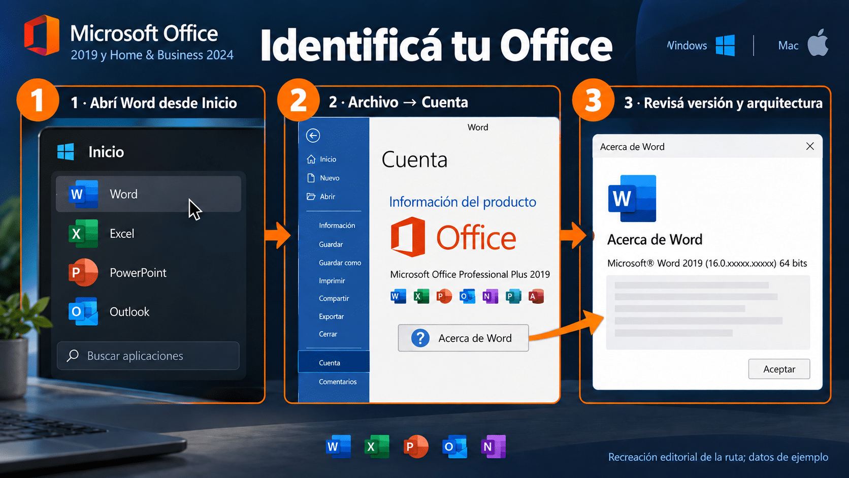 Ruta desde Word hasta la información del producto y Acerca de Office