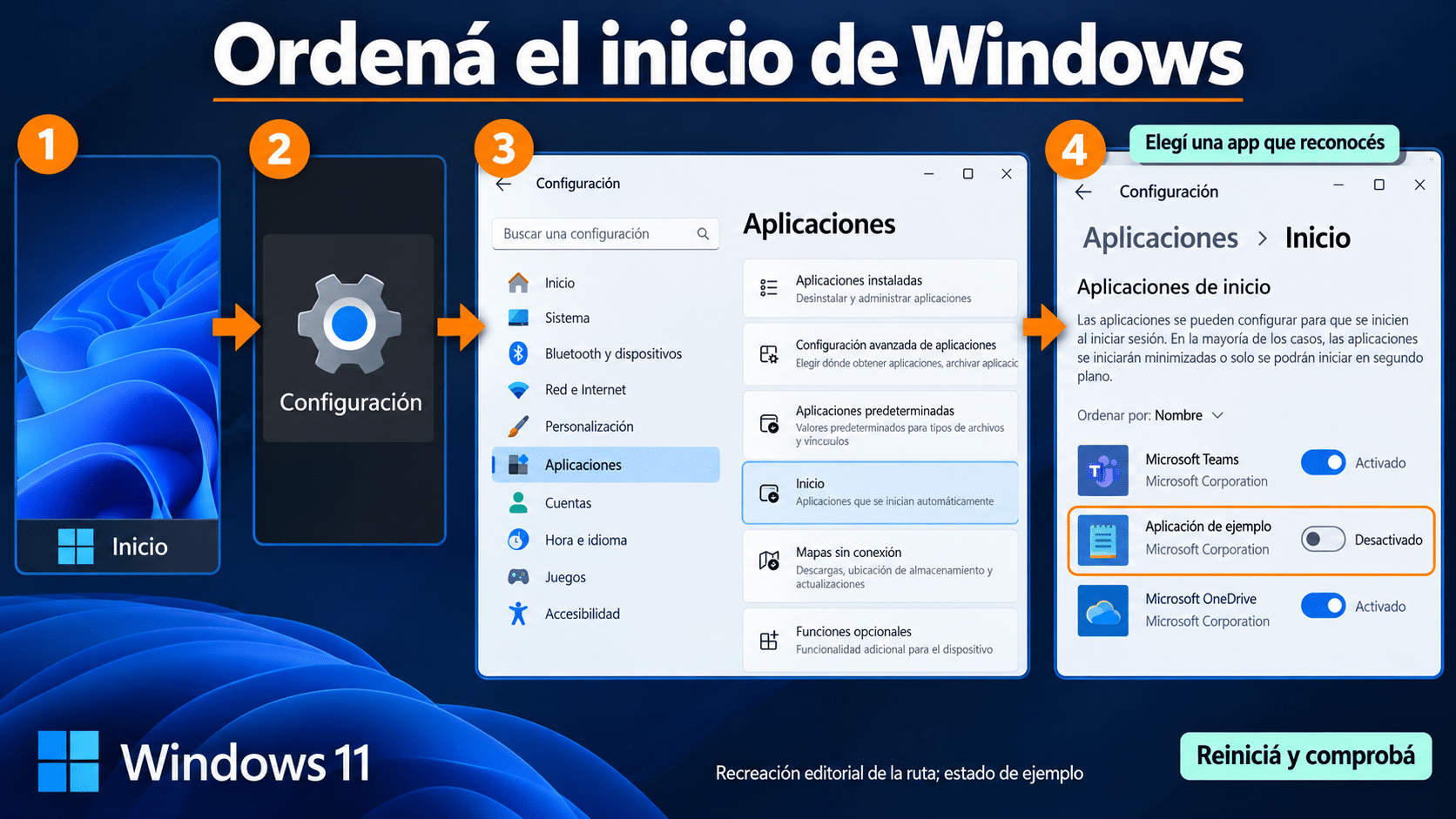 Ruta desde Inicio hasta Aplicaciones e Inicio en Windows 11