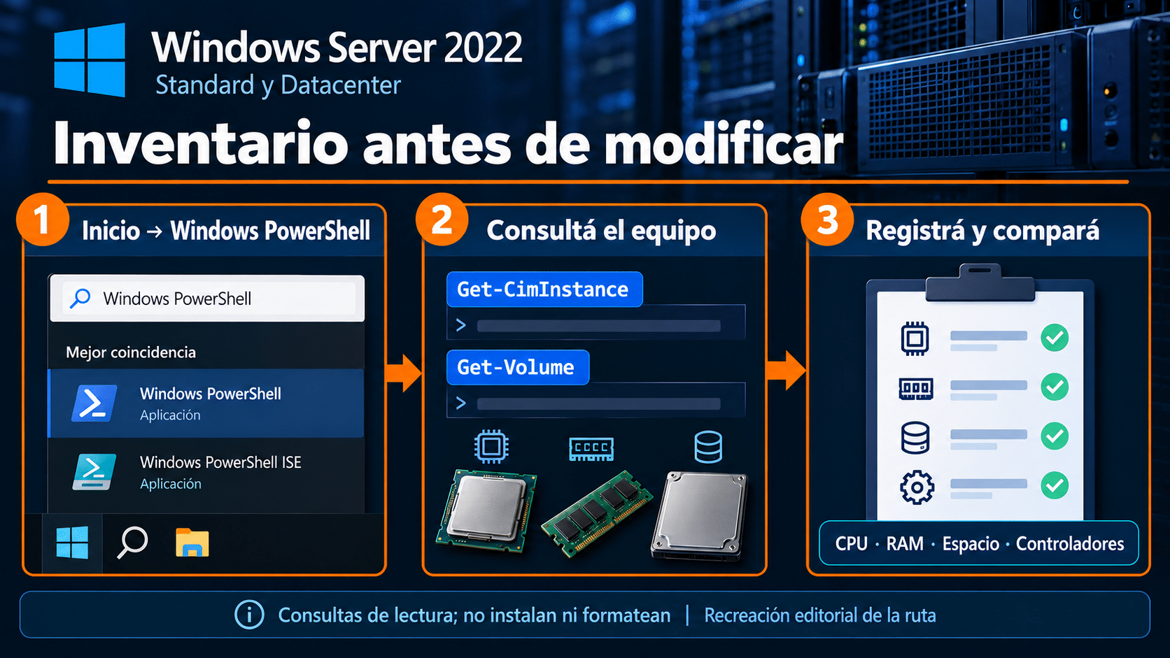 Recorrido de inventario desde Inicio a PowerShell y comprobaciones de hardware