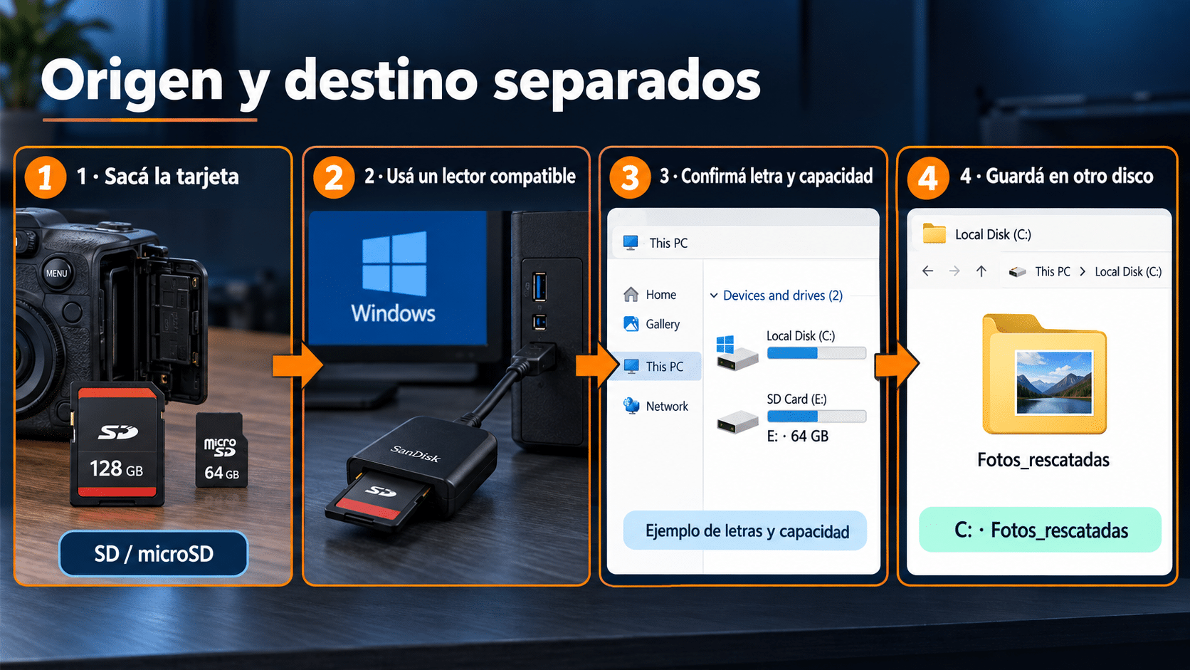 Tarjeta SD conectada por lector como origen y otro disco como destino de las fotos