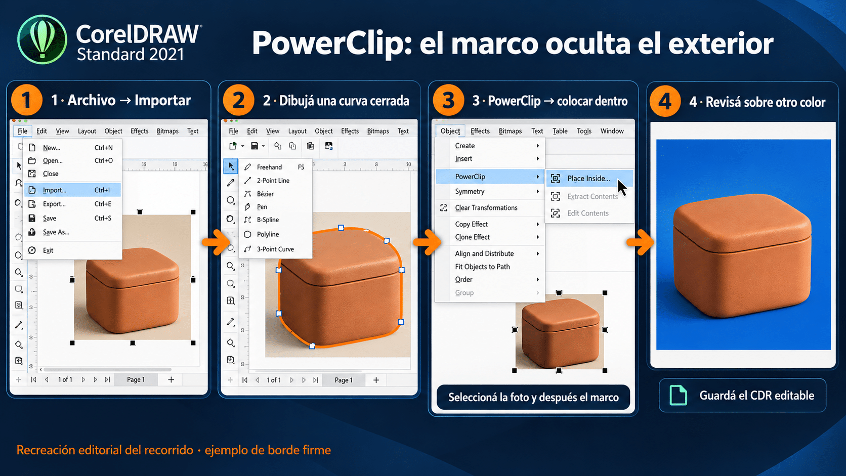 Recorrido PowerClip: importar, cerrar silueta, colocar dentro y revisar