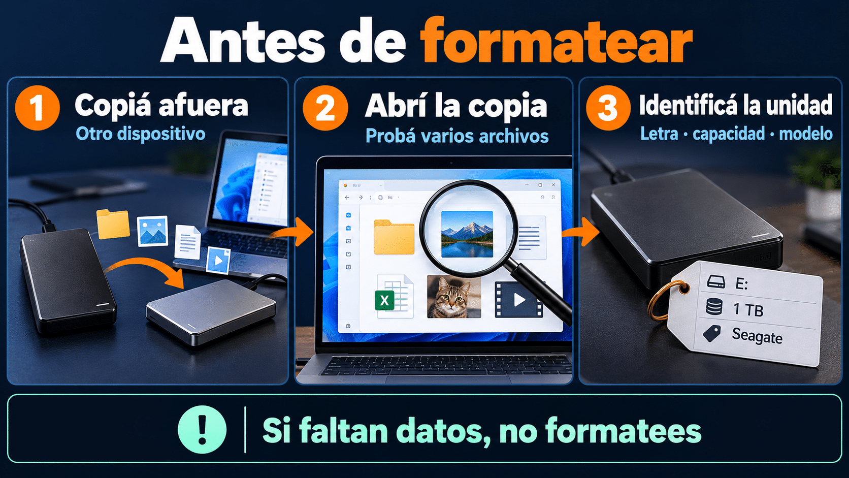 Copia fuera del disco, archivos abiertos y unidad identificada antes de formatear