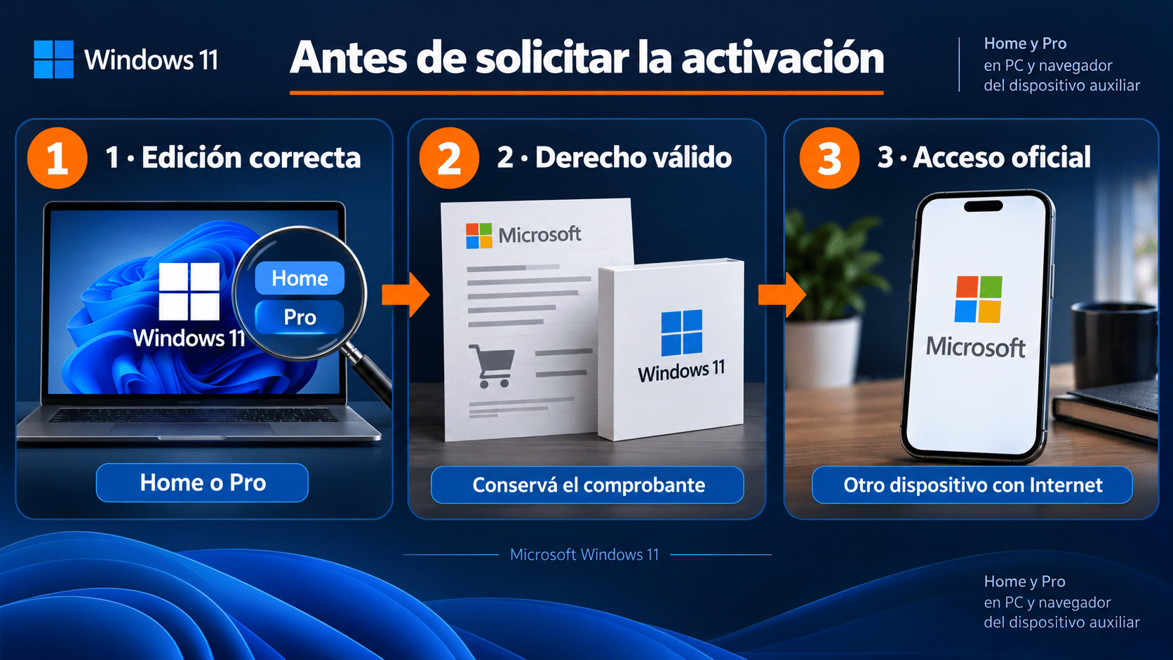Preparación con edición Home o Pro, comprobante y acceso al portal oficial