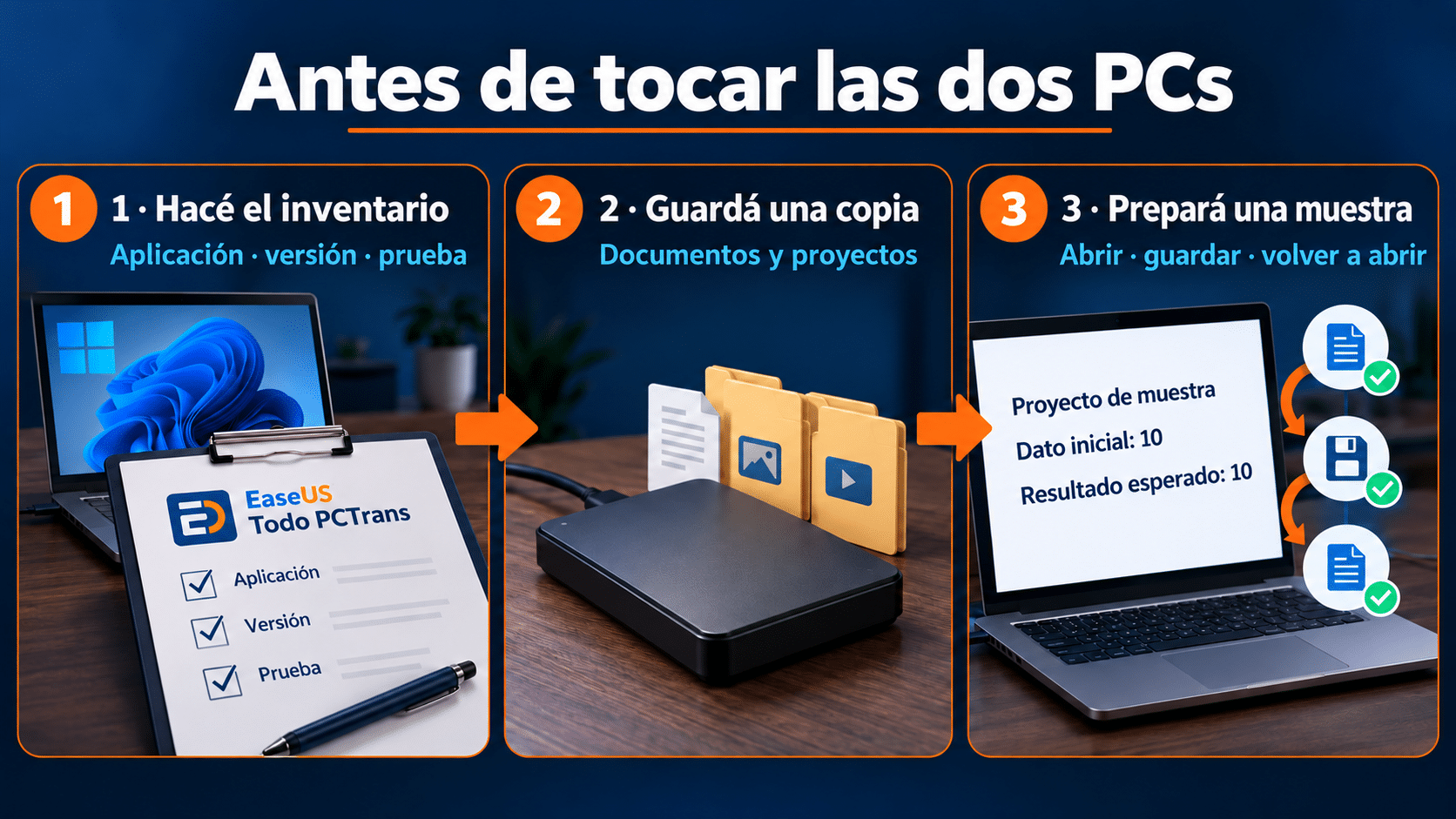 Preparar inventario, respaldo y prueba antes de mudar programas