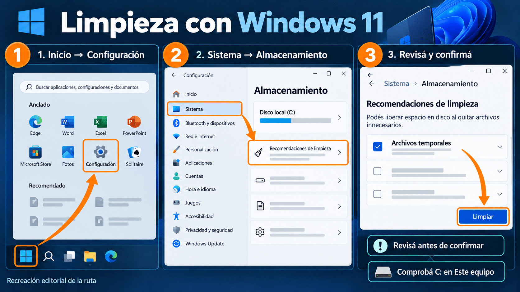 Ruta de Inicio a Configuración Sistema Almacenamiento y Recomendaciones de limpieza