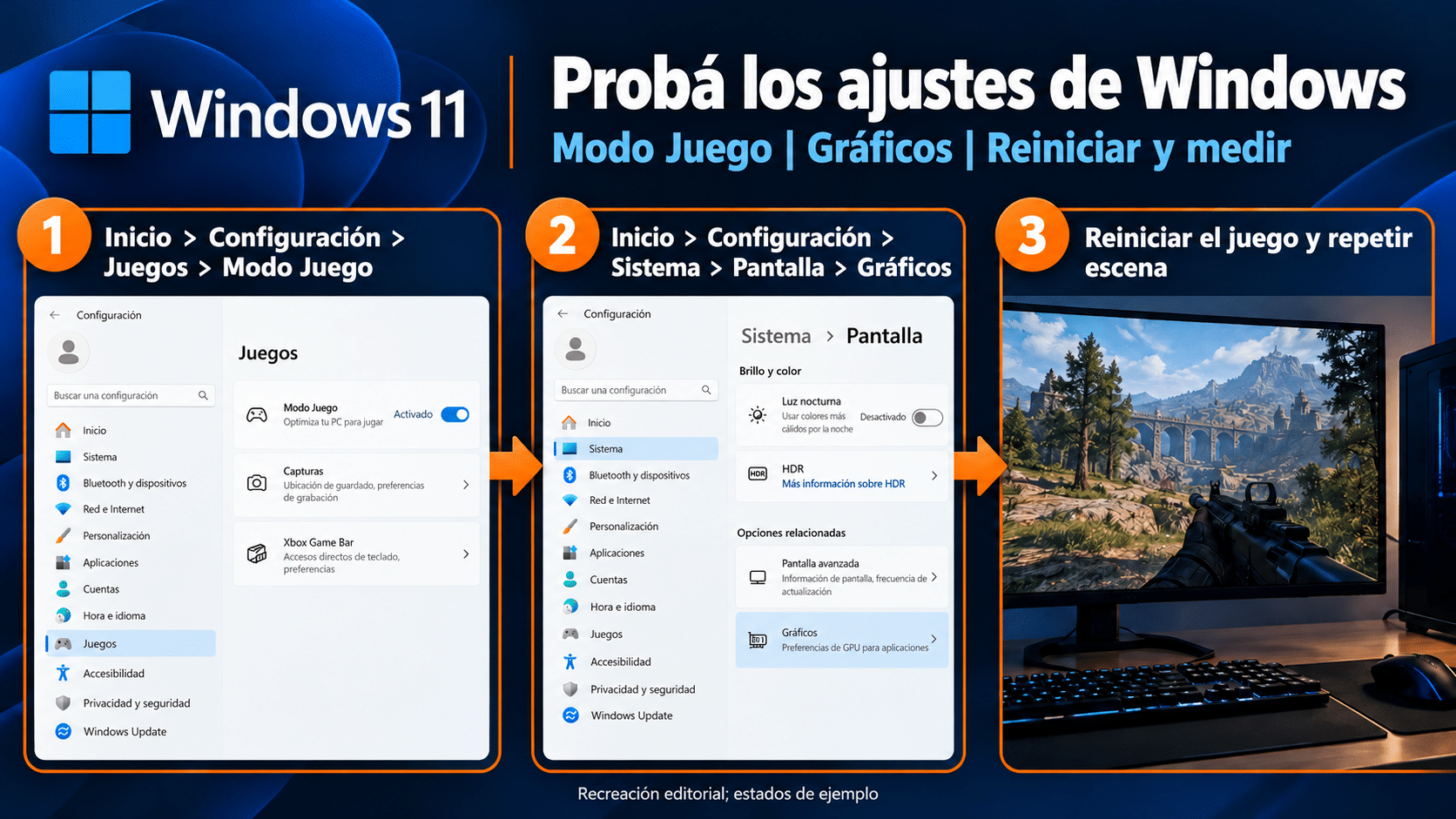 Rutas desde Inicio a Modo Juego y Graficos de Windows 11