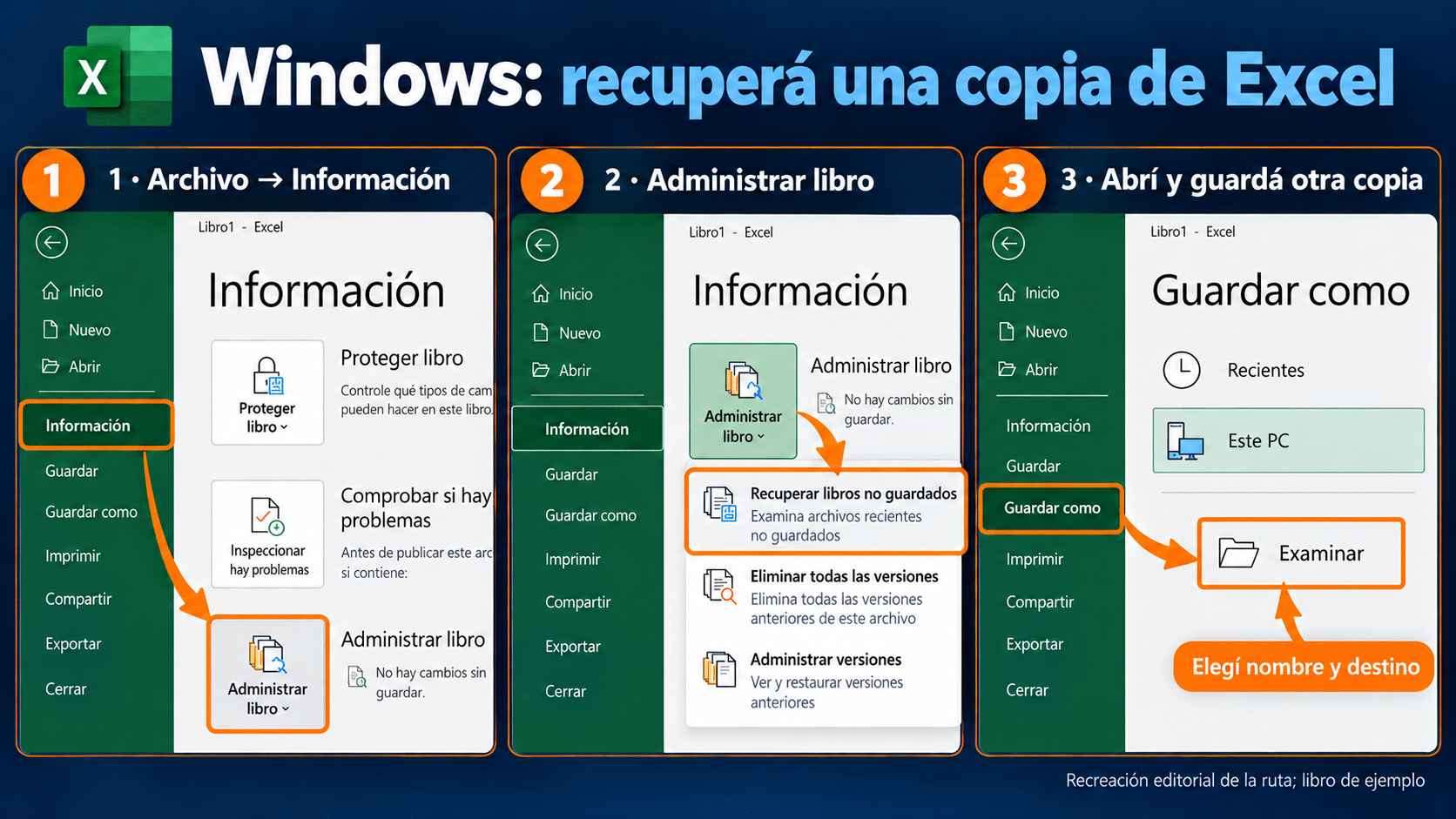 Ruta en Excel para Windows: Información, Administrar libro y Recuperar libros no guardados