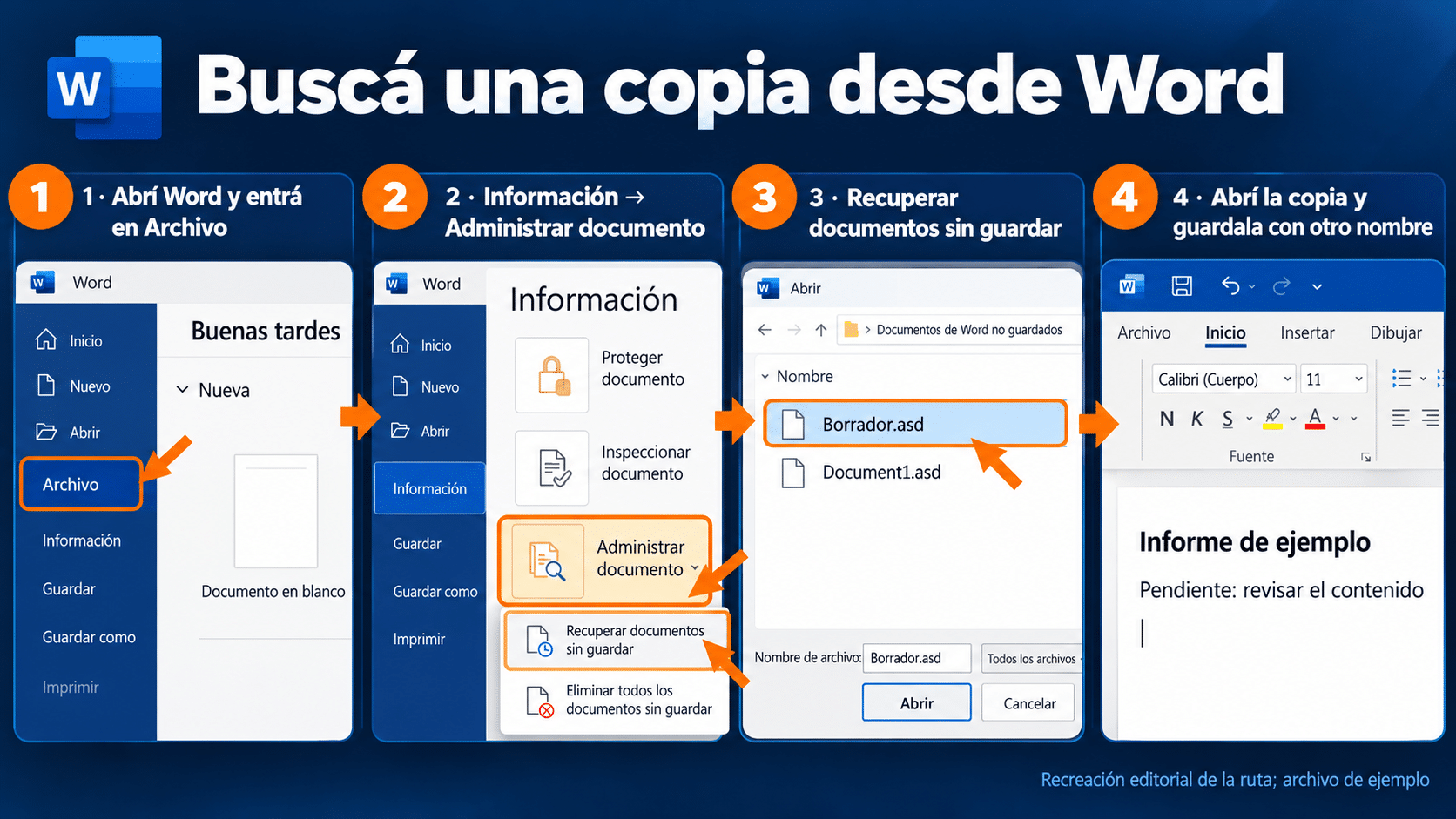 Seguir la ruta de Word para buscar documentos sin guardar y guardar otra copia.