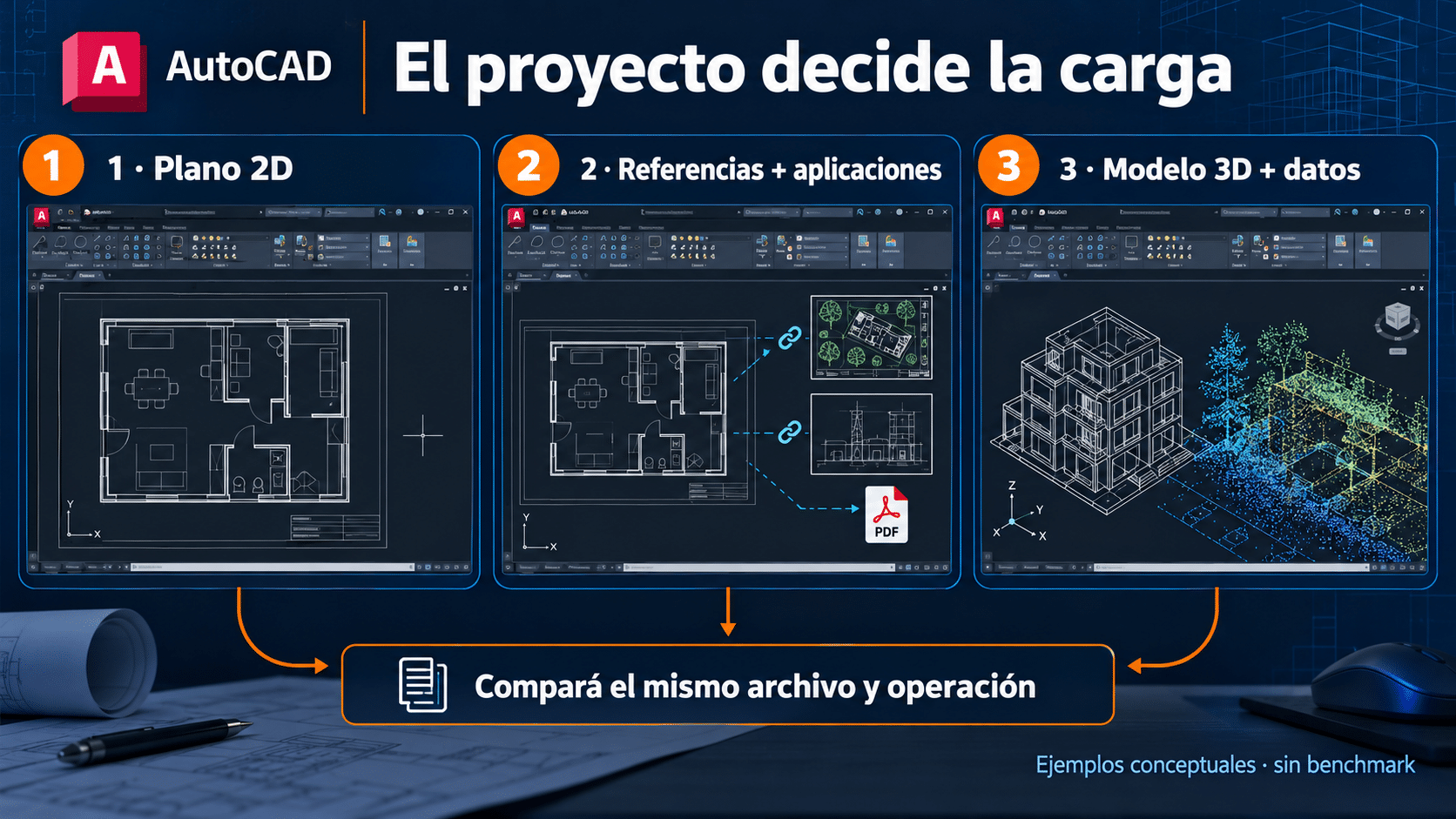 Tres cargas distintas: plano 2D, referencias externas y modelo 3D