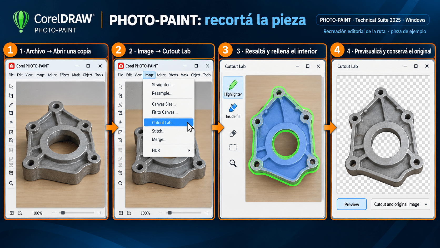 PHOTO-PAINT en Windows: abrir, Cutout Lab, resaltar, rellenar y previsualizar