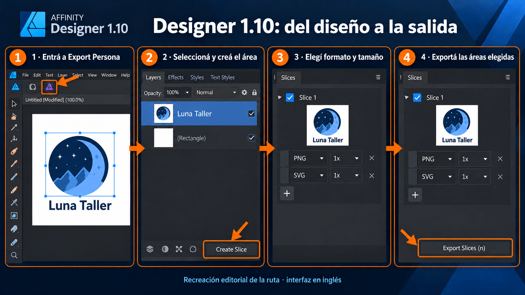 Recorrido de Export Persona en Affinity Designer V1 hasta exportar slices