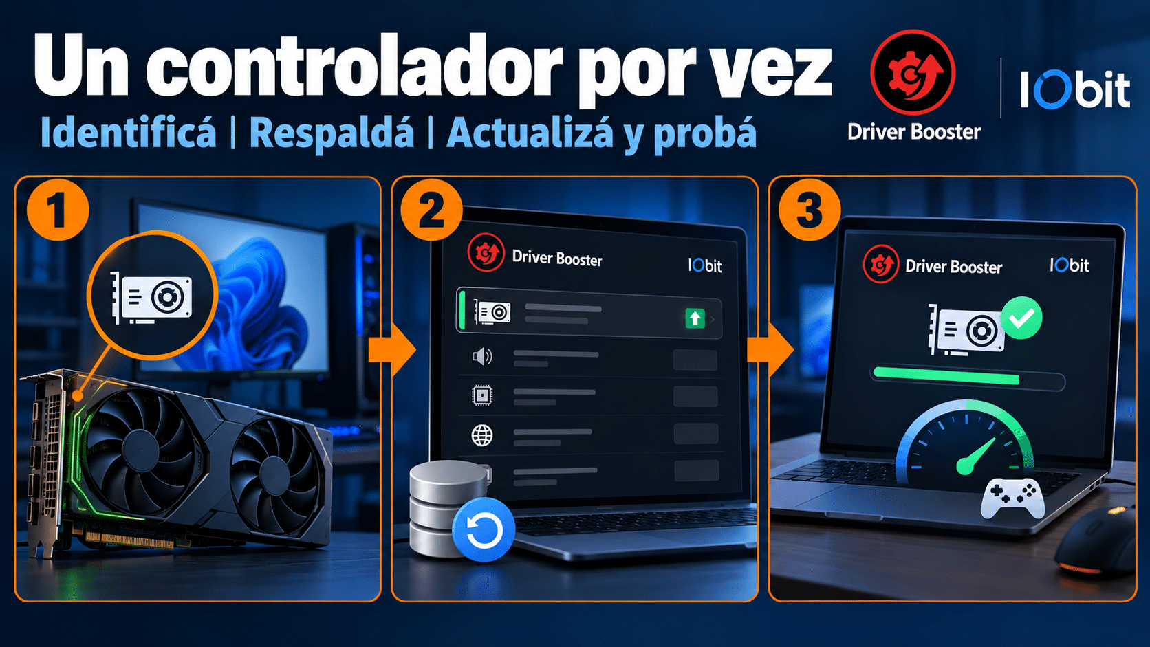 Flujo para identificar respaldar y probar un controlador con Driver Booster