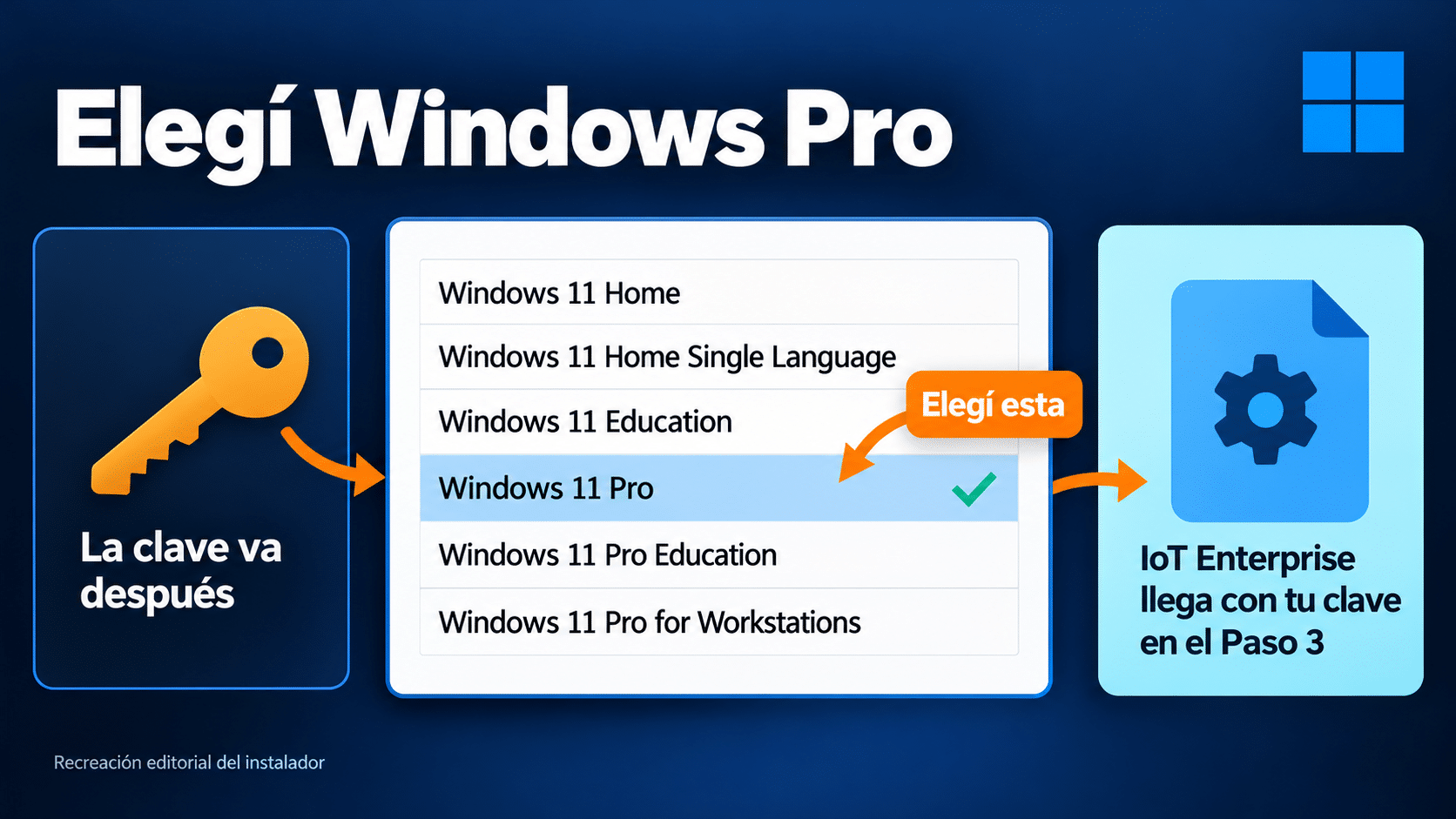 Instalador de Windows con la lista de ediciones y Windows 11 Pro seleccionada para instalar antes de cargar la clave de IoT Enterprise