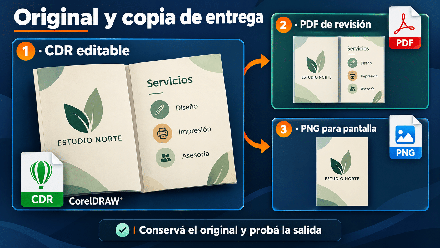 Original editable y salidas de un folleto de dos páginas para revisión y pantalla