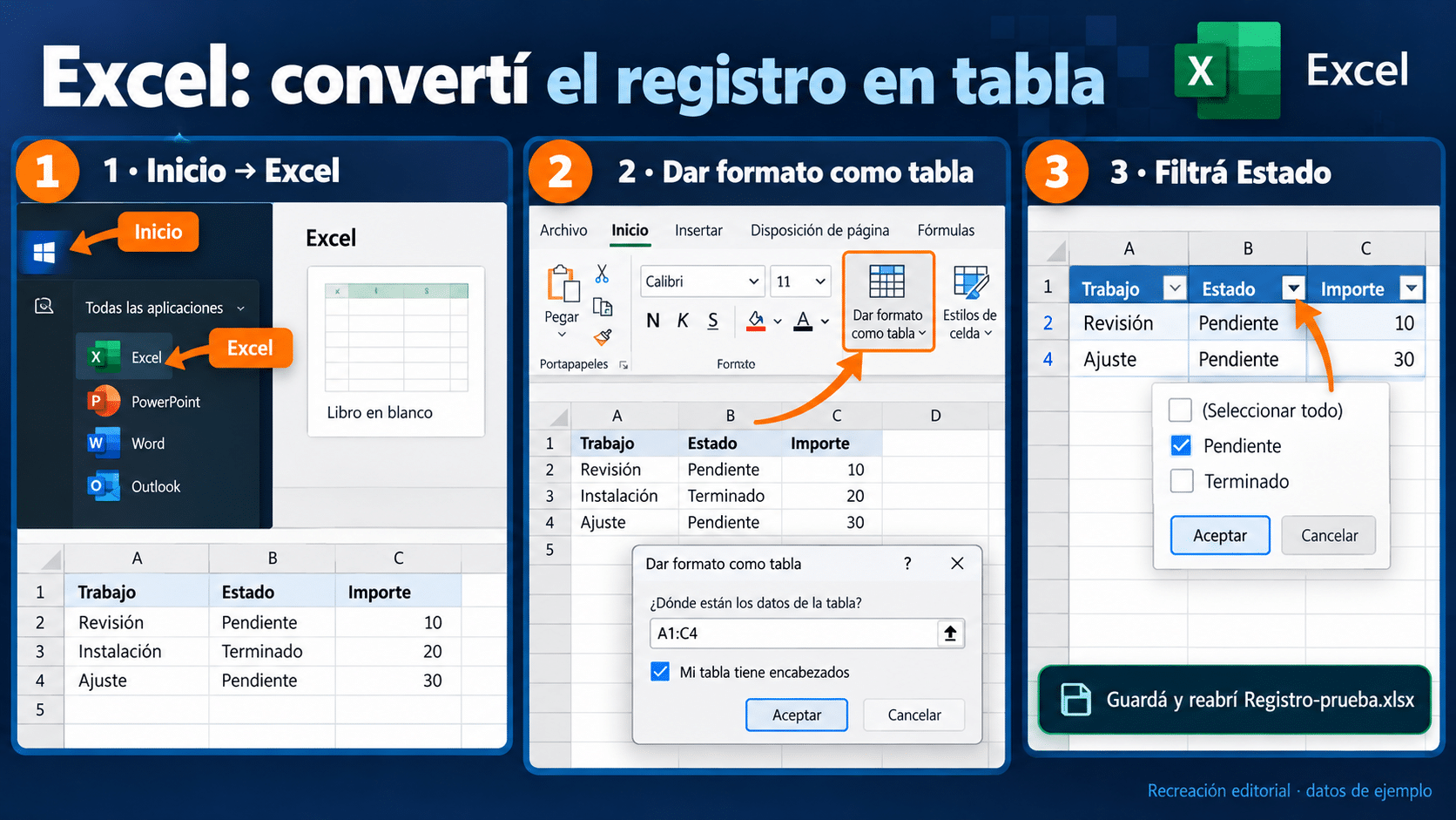 Recorrido de Excel desde Inicio hasta una tabla de trabajos con filtro de Estado