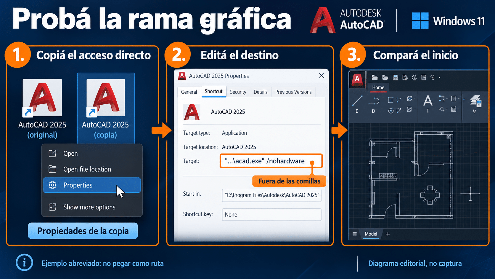 Acceso directo de AutoCAD y modificador nohardware fuera de las comillas
