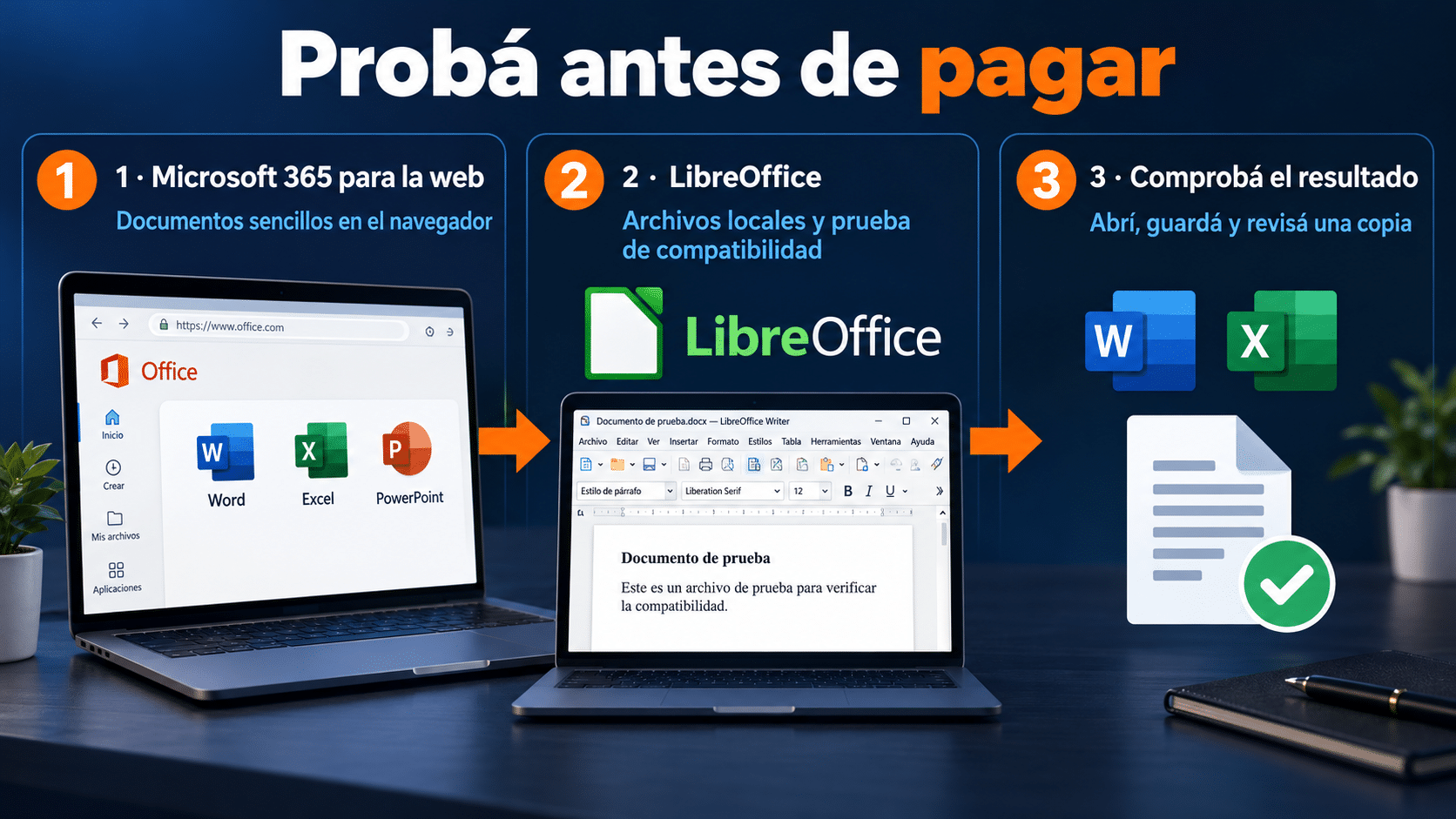 Recreación editorial de rutas gratuitas web y local antes de comprar Office