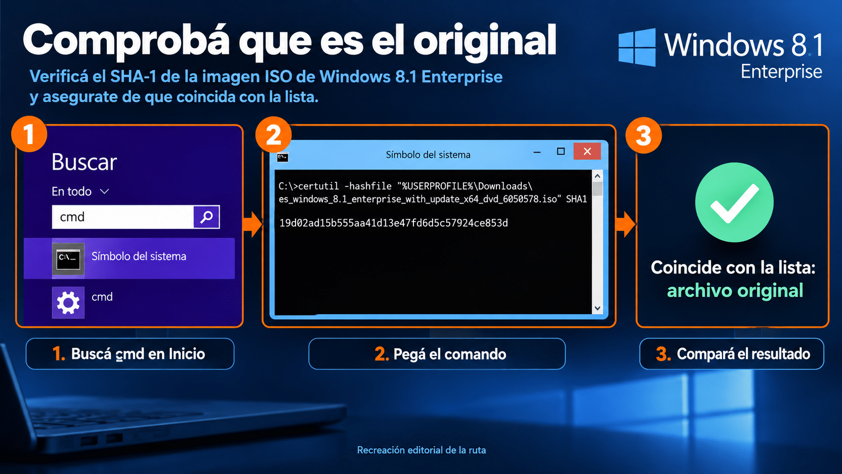 Símbolo del sistema con el comando certutil -hashfile y el SHA-1 de la imagen de Windows 8.1 Enterprise comparado con el valor esperado